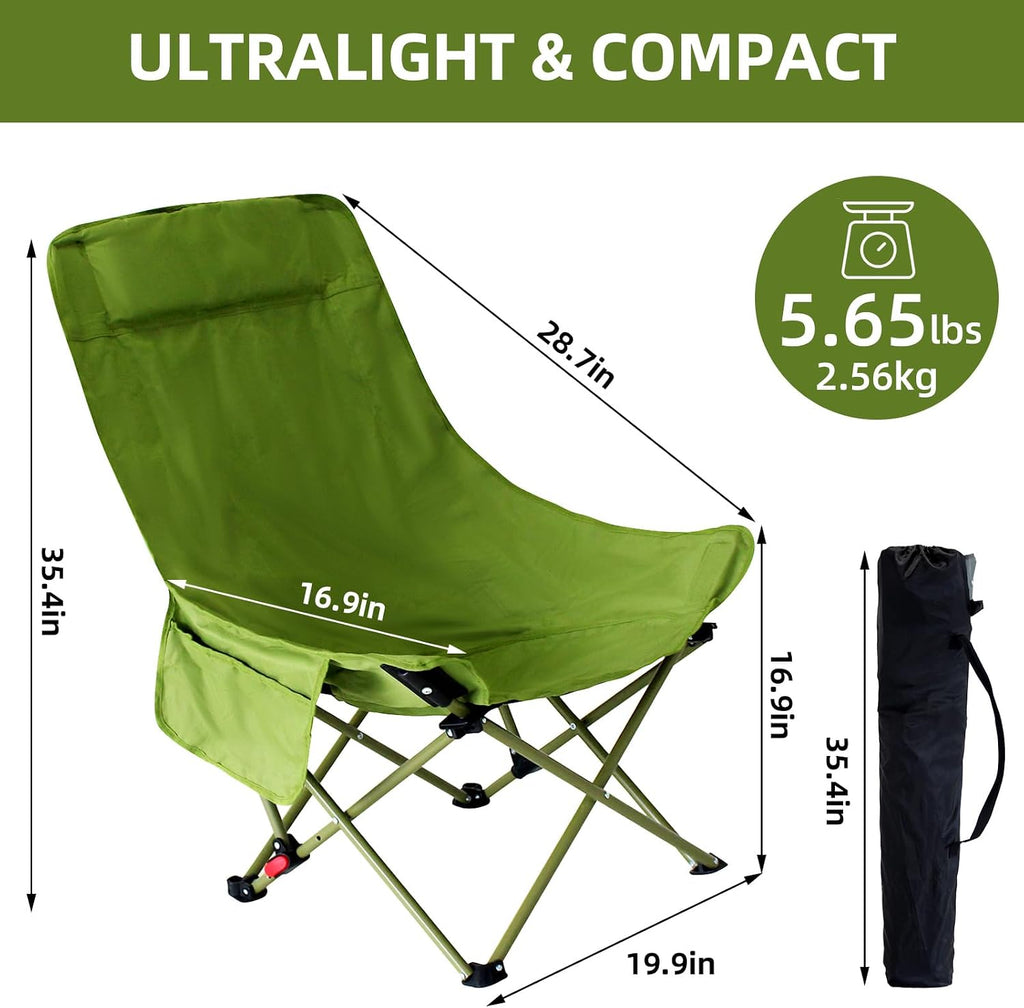 Camping Chairs for Adults, Beach Chairs for Adults, Lawn Chairs with Adjustable Backrest Suitable for Patio/Fishing/Beach/Camp, Includes A Storage Bag (Green)