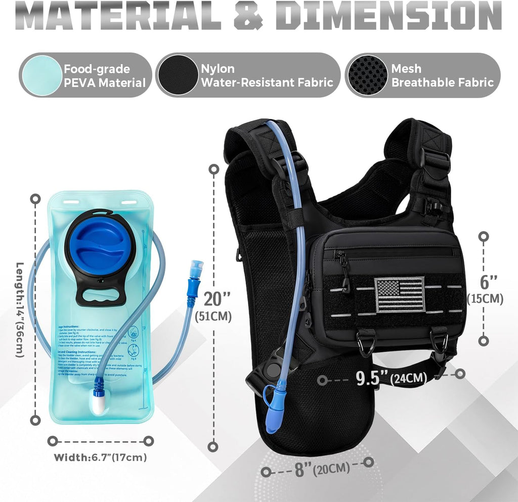 Running Hydration Vest with 2L Water Bladder， Lightweight Adjustable Hydration EDC Chest Pack for Men and Women, Water Backpack for Hiking, Cycling
