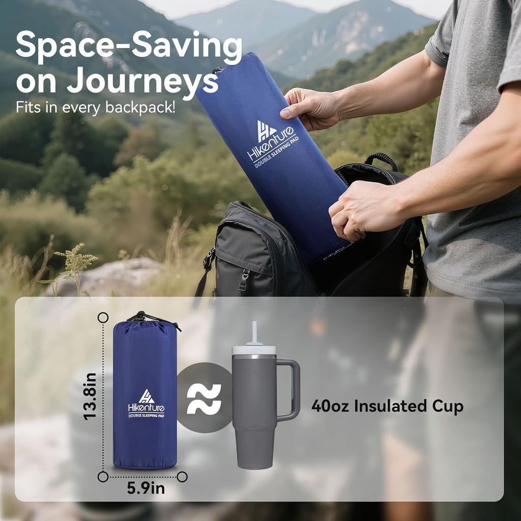 Hikenture Double Sleeping Pad for Camping, Ultralight 4" Extra-Thick Camping Mattress 2 Person, Inflatable Backpacking Sleeping Mat, Hiking Air Mattress for Tent (Navy Pumpsack 79x55in)