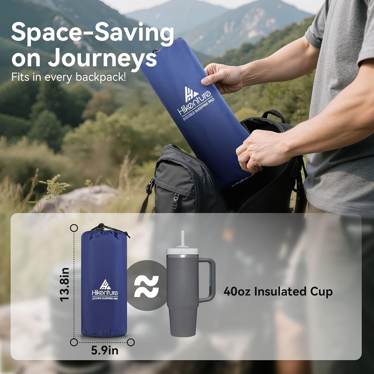 Hikenture Double Sleeping Pad for Camping, Ultralight 4" Extra-Thick Camping Mattress 2 Person, Inflatable Backpacking Sleeping Mat, Hiking Air Mattress for Tent (Navy Pumpsack 79x55in)