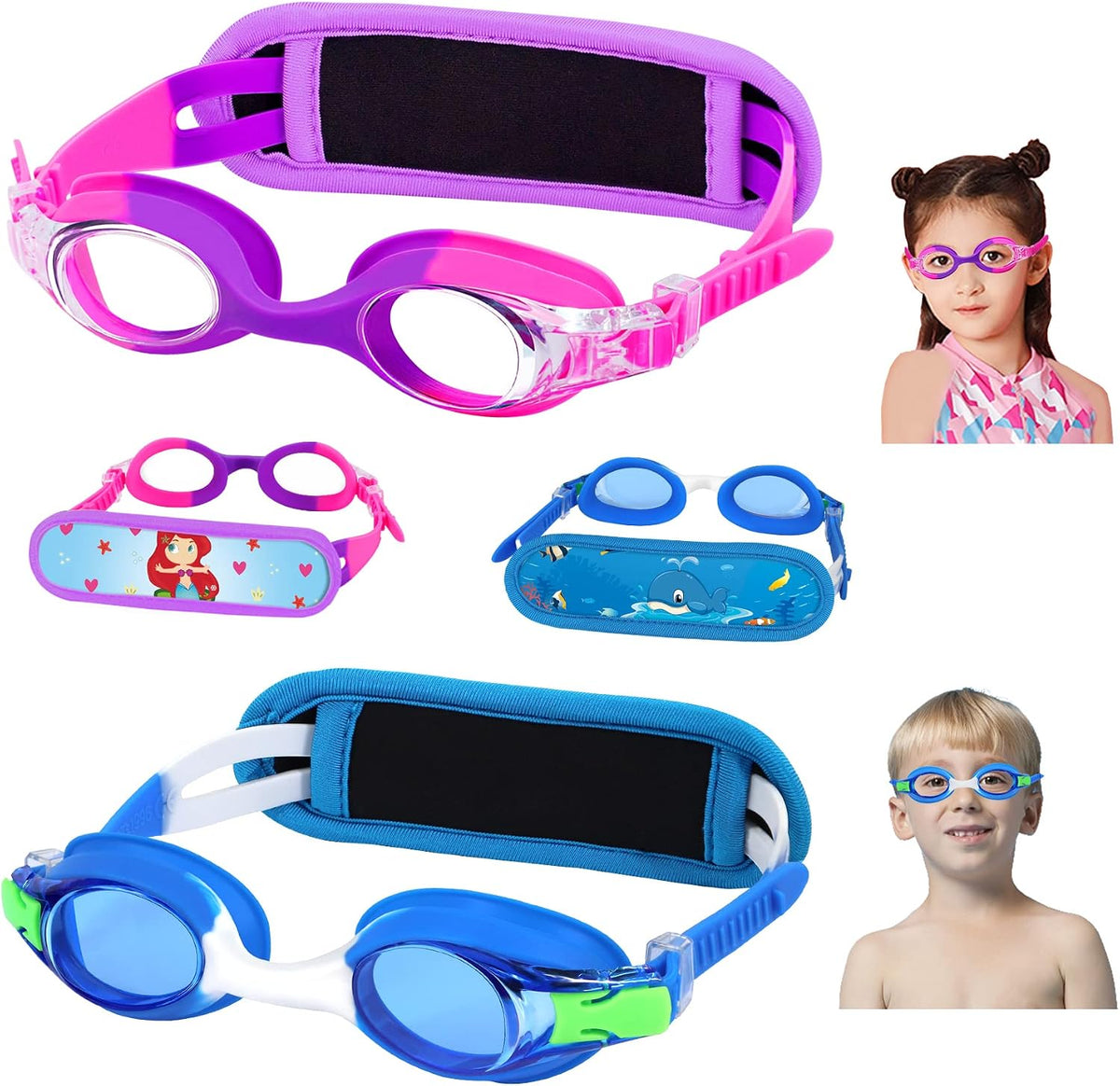Vvinca Kids Swim Goggles 2-8，Toddler goggles with Fabric Strap No Tangle