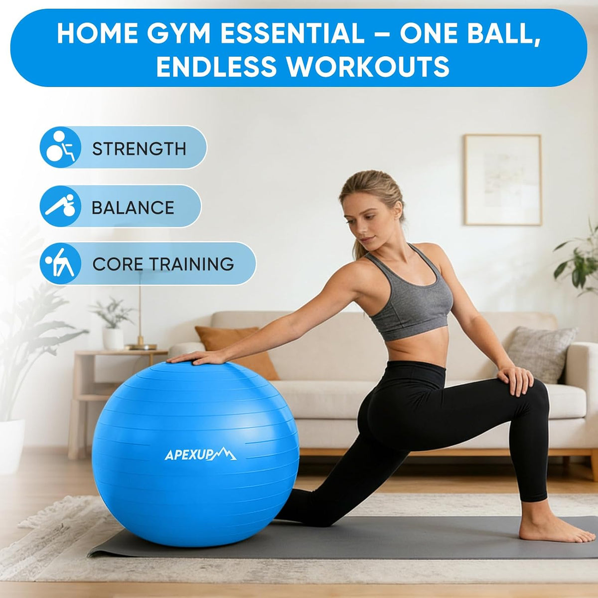 APEXUP Yoga Ball, 660 lbs Anti-Burst Exercise Ball with Pump, 5 Sizes