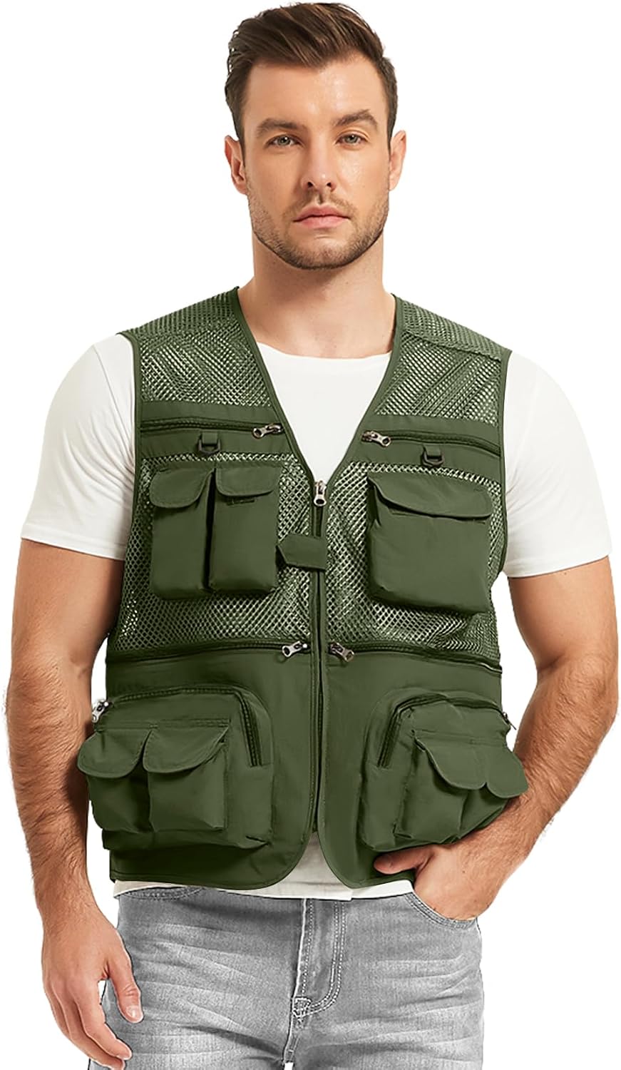 Flygo Men's Fishing Vest Utility Lightweight Outdoor Travel Safari Photo Cargo Vest with 16 Pockets