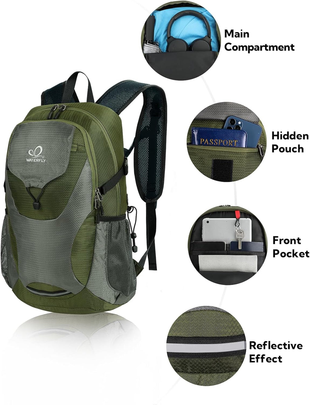 WATERFLY Lightweight Packable Hiking Backpack, 30L Day Pack