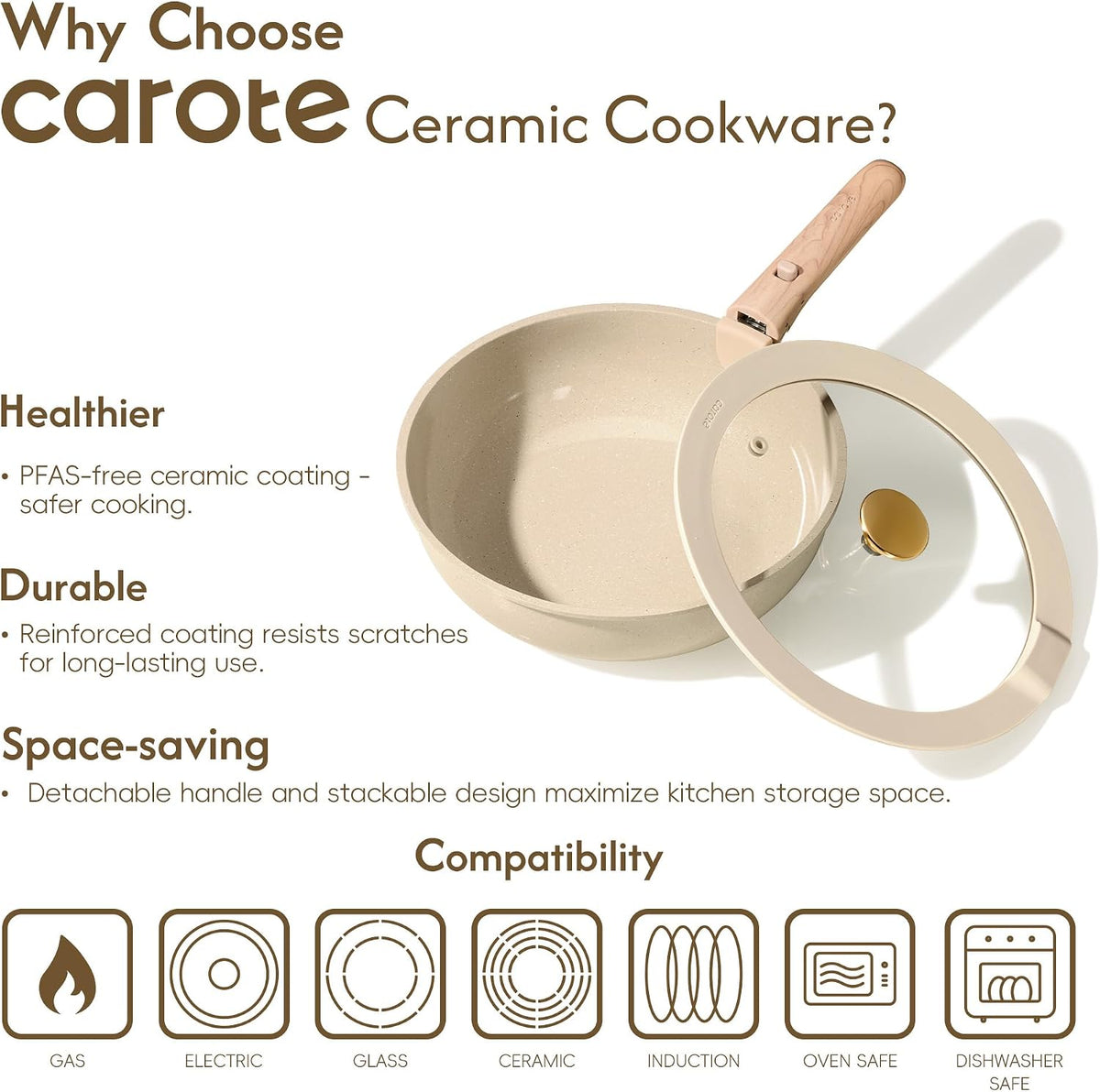 CAROTE 25pcs Ceramic Cookware Set, Pots and Pans Set with Detachable Handle