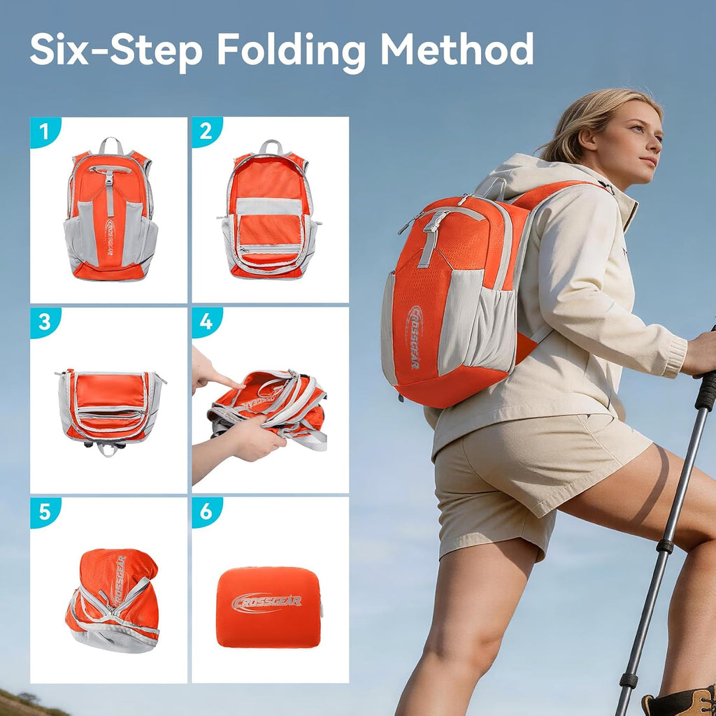 CROSS GEAR 16L Foldable Hiking Backpack, RFID Protection, Lightweight Waterproof Daypack, Packable Backpacks for Women Men, Small Hiking Daypack for Camping Travel Outdoor, Orange