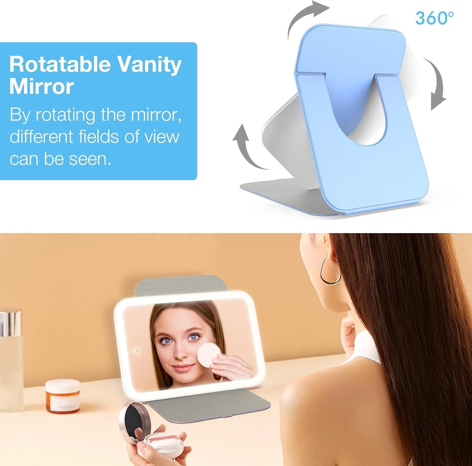 Kintion Travel Makeup Mirror, Portable LED Lighted Folding Mirror (Blue)
