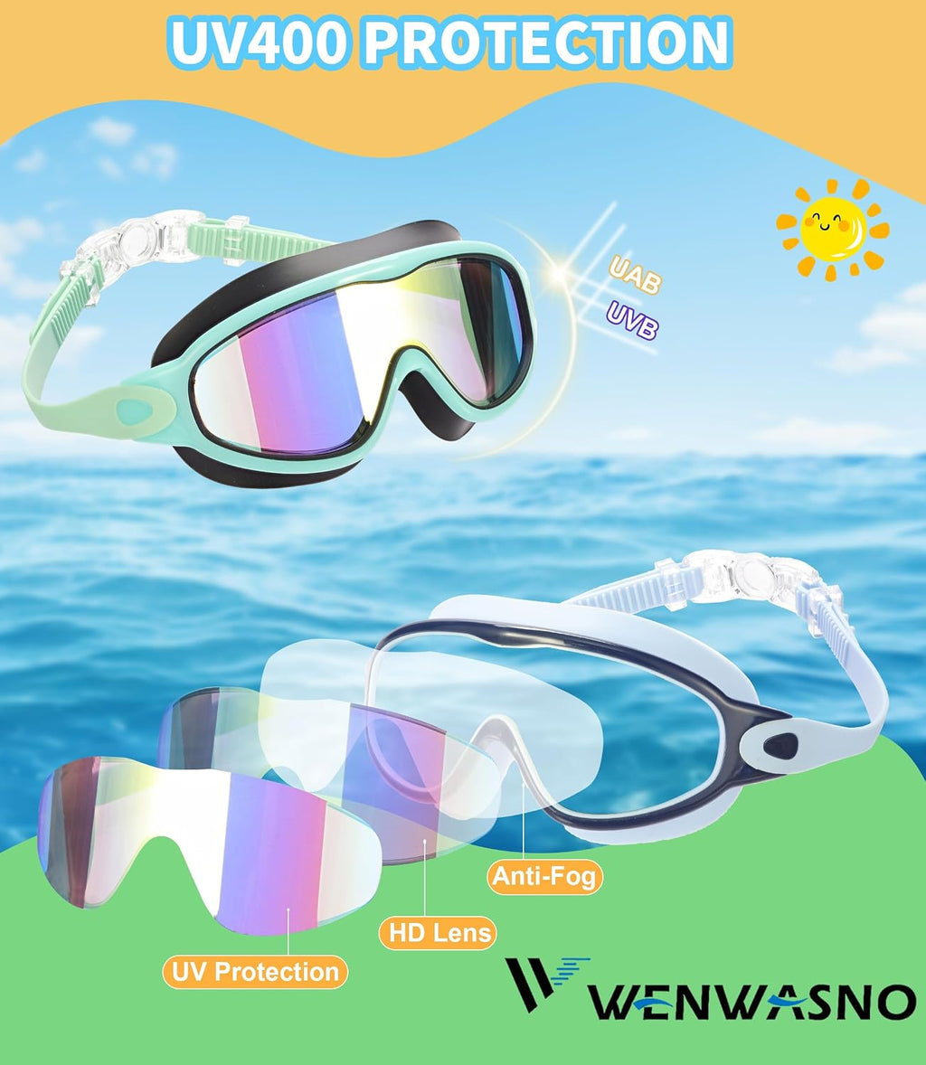 kids Swim Goggles 2 Pack Anti-UV Anti-Fog Wide View Swimming Goggles for Kids 3-14