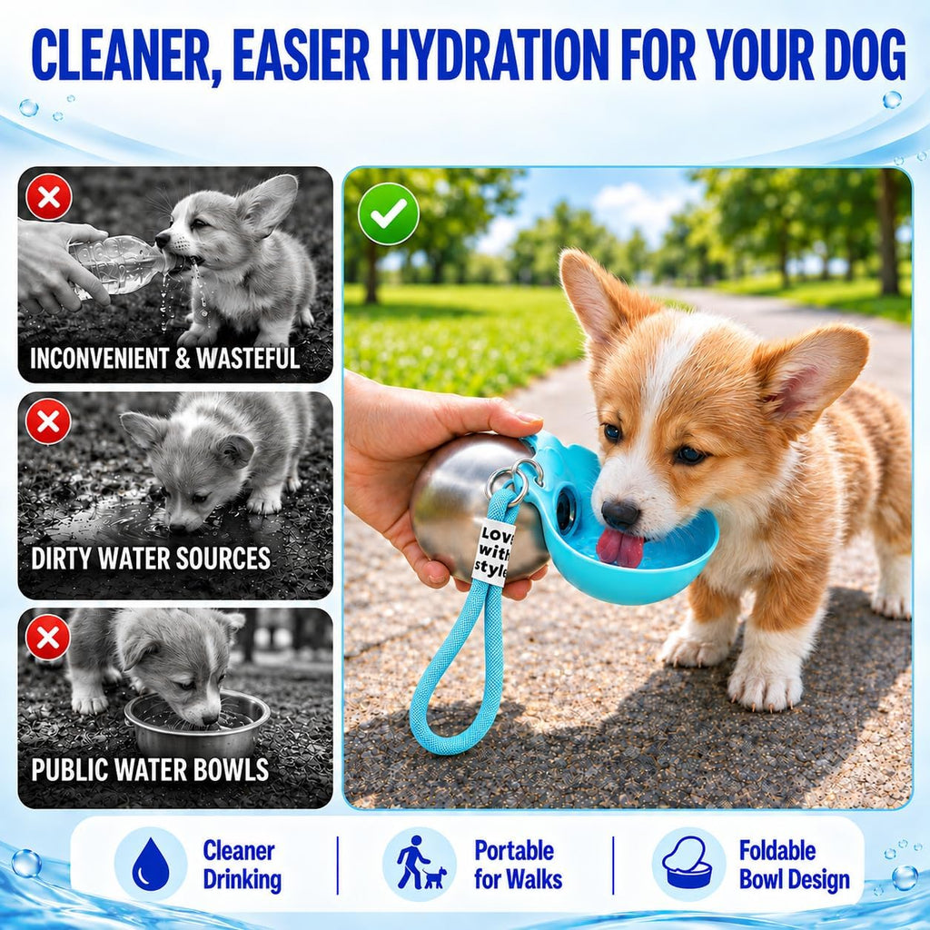 Portable Dog Water Bottle with Bowl, 10oz Stainless Steel, Leakproof