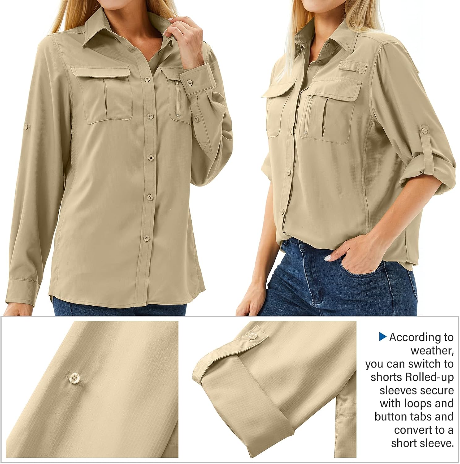Women's UPF 50 Long Sleeve Sun Protection Safari Fish Hiking Shirts