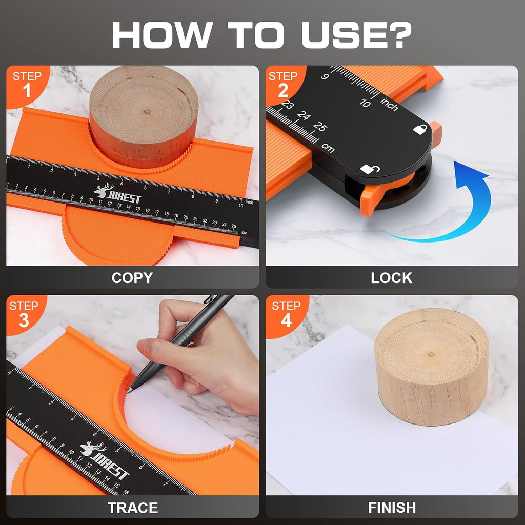 JOREST Contour Gauge with Lock (10 Inch), Gift Ideas for Men Dad Carpenter Handyman, Profile Tool with Measuring Scale for Tile Flooring, Carpet laying, Woodworking, Measuring Angle/Shape/Outline/Edge