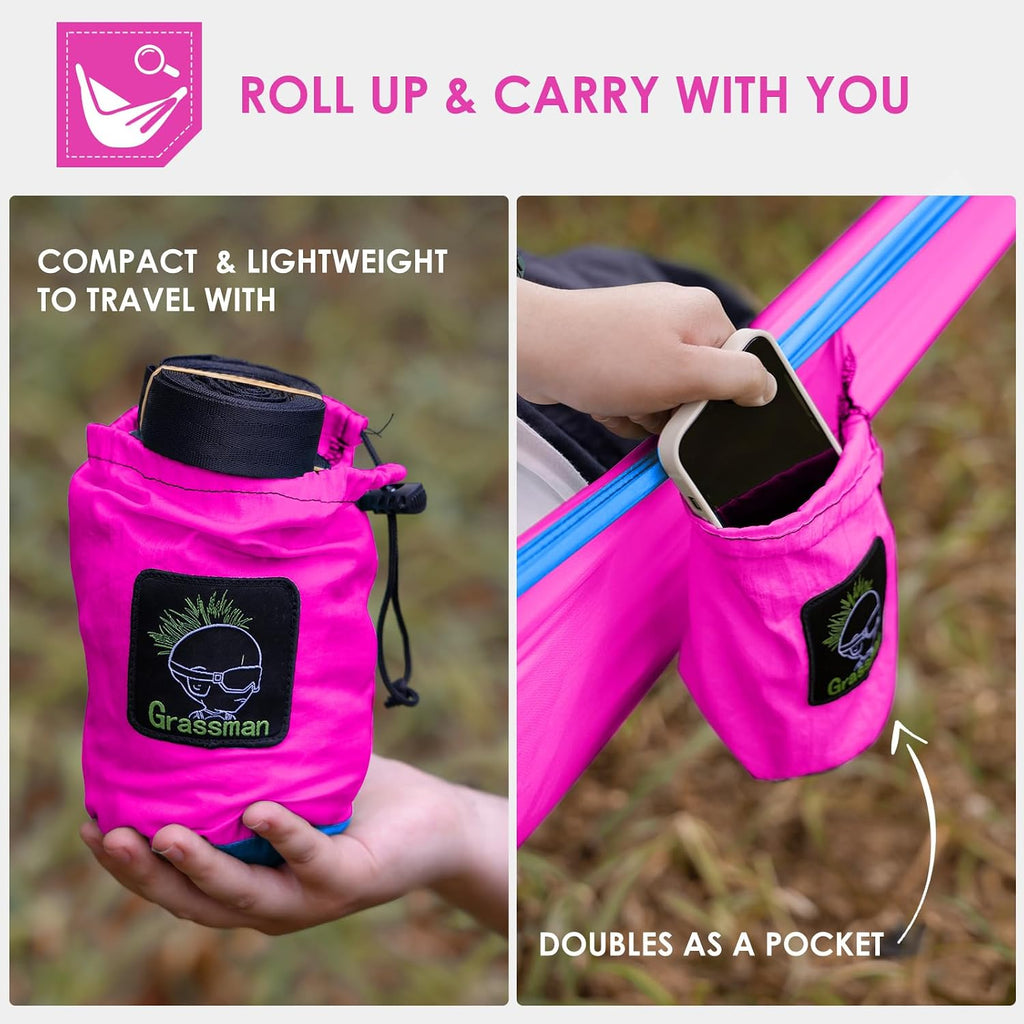 GRASSMAN Kids Hammock-Small Camping hammocks, Portable Camping Gear for Child Indoor/Outdoor use, with Tree Straps & Carabiners Fuchsia