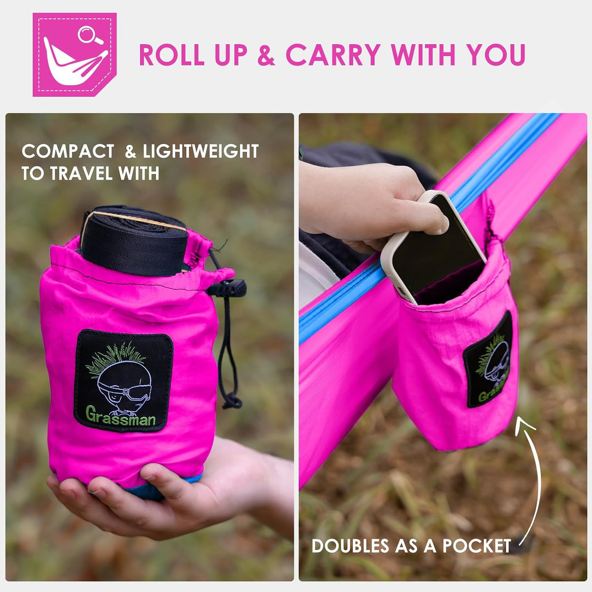 GRASSMAN Kids Hammock-Small Camping hammocks, Portable Camping Gear for Child Indoor/Outdoor use, with Tree Straps & Carabiners Fuchsia