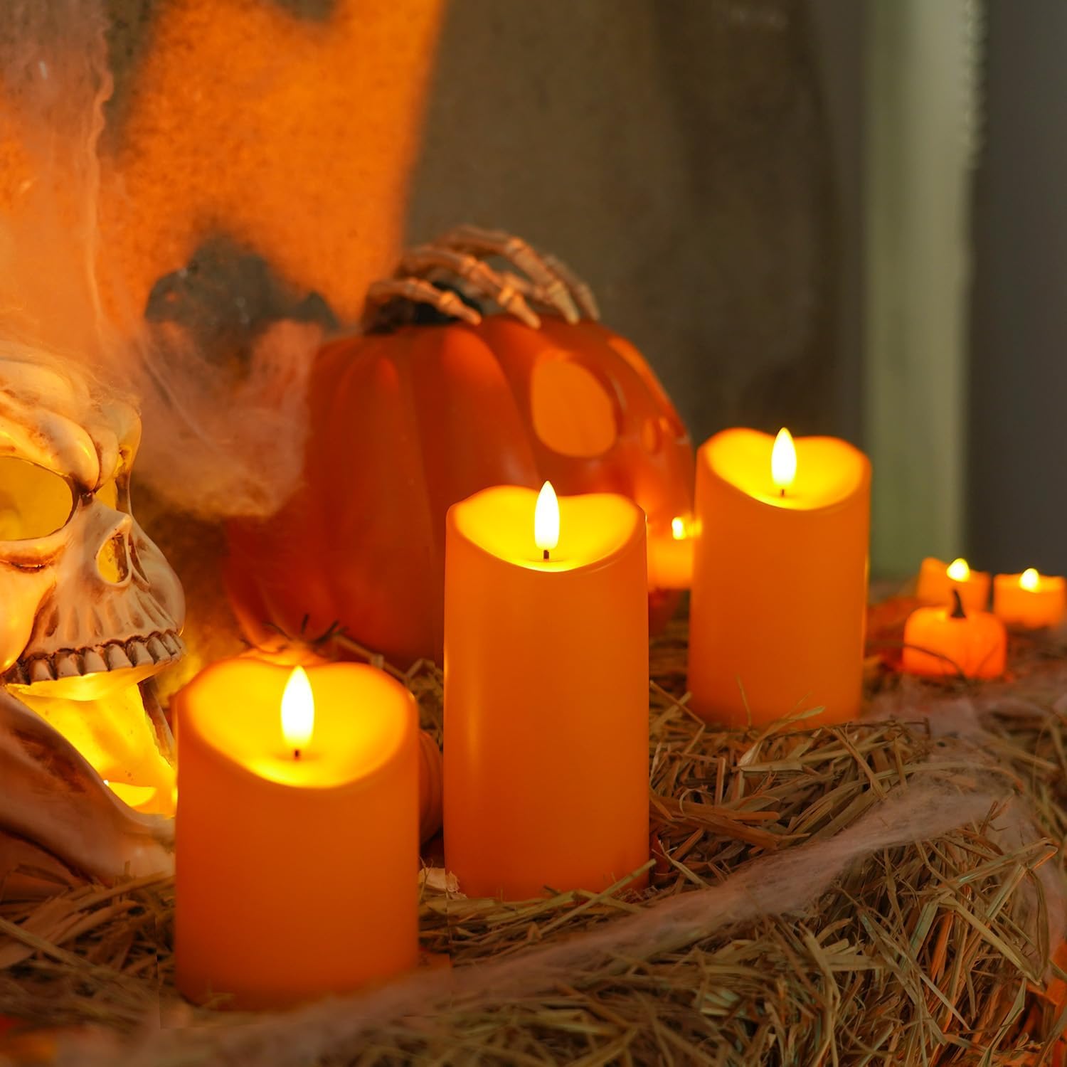 Homemory Halloween Orange Flameless Candles Outdoor, Fall Candles Battery