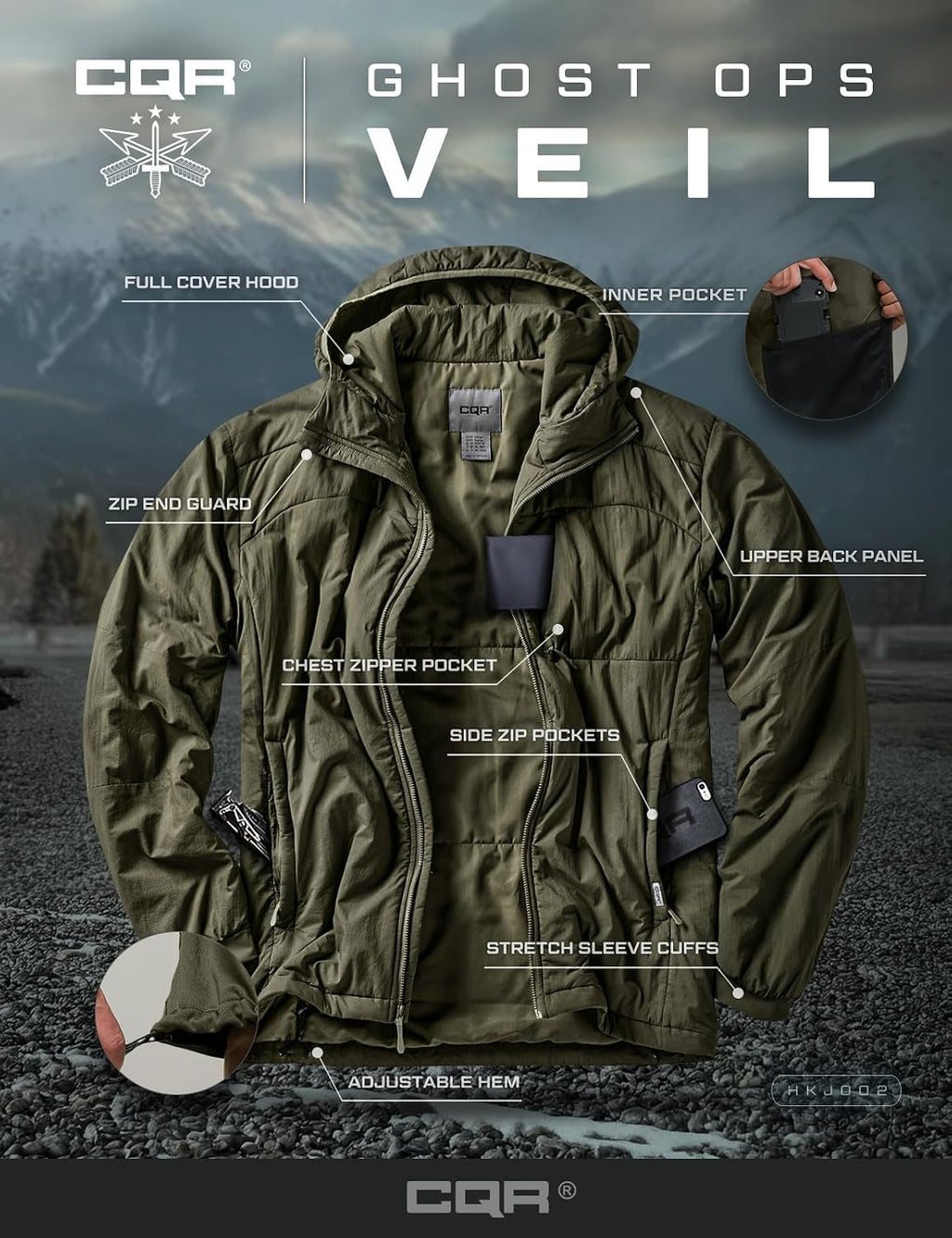 CQR Men's Lightweight Warm Insulated Jacket, Windproof Water Resistant Winter Active Coat for Hiking Work Outdoor Tactical