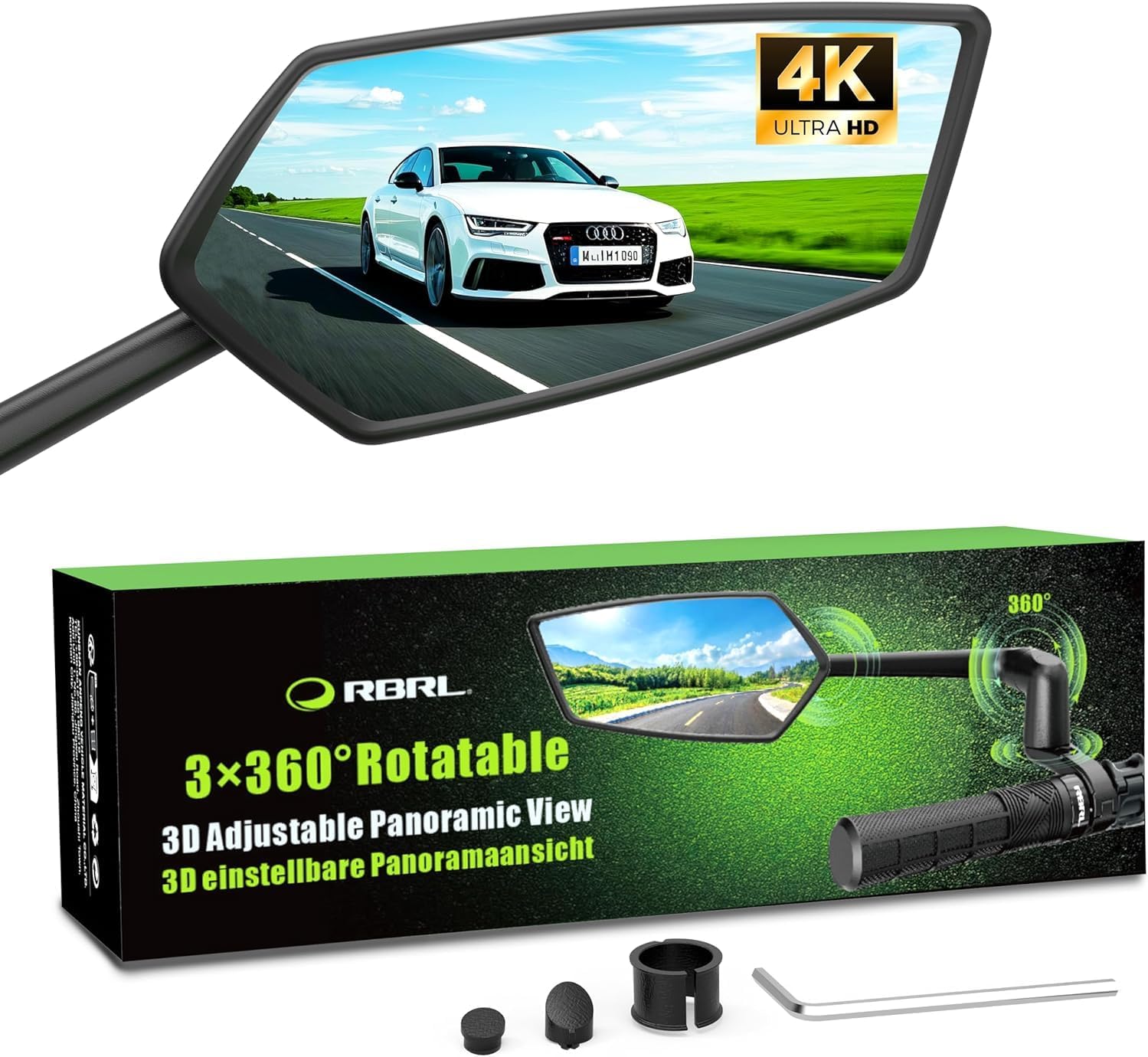 RBRL Bike Mirror, 3D Adjustable Arm for Extended Reach, Aluminum Alloy Anti-shake Bicycle Rearview Mirrors, 360° Panoramic Rearview, Wide Angle Shatterproof & Foldable E-bike Mirror(right)