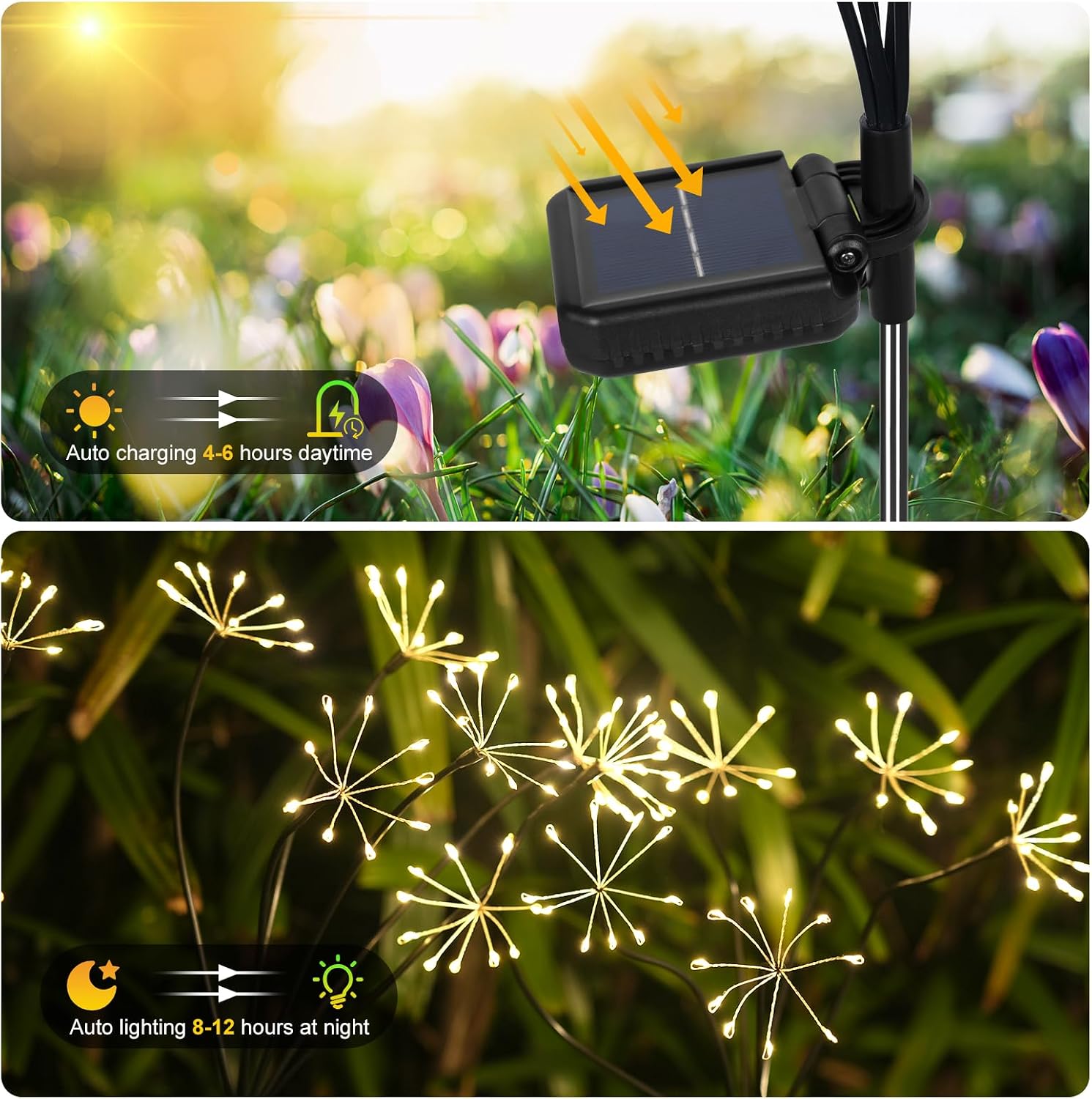 Kwaiffeo Solar Garden Lights 120 LED Decorative Firework Lights 2-Pack Warm