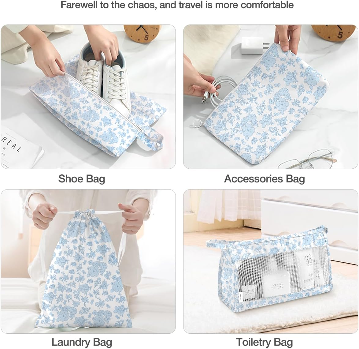 8 Set Packing Cubes for Suitcases,Packing Cube with Shoe, Cosmetics, Clothing, and Accessories Bags Packing Cubes for Travel Luggage Organizer Women Men(Blue Flowers)