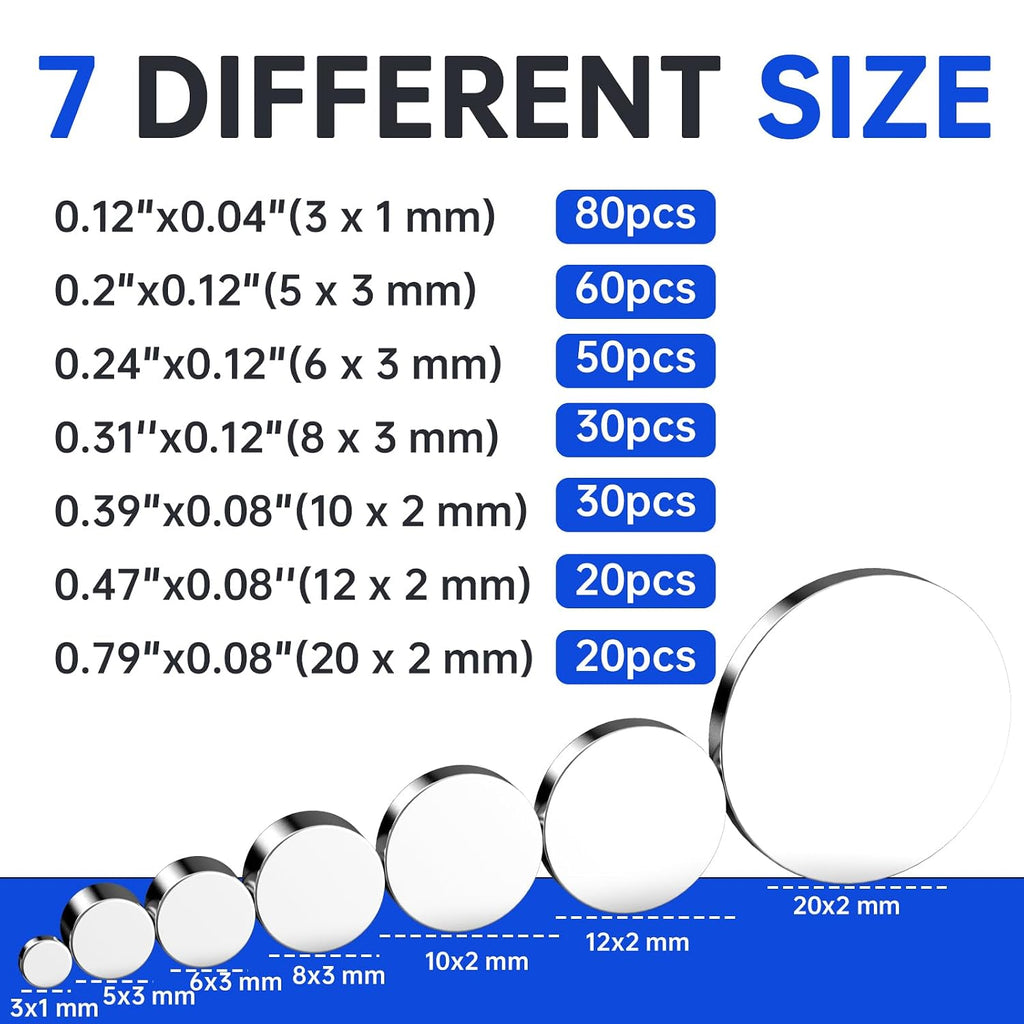 Small Magnets, 7 Sizes Neodymium Magnets for Crafts, 290 Pack