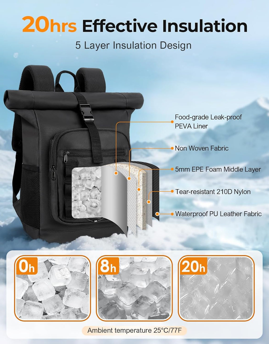 ISEYOU Rolltop Cooler Backpack, 36 Cans Insulated Backpack for Men & Women, Keeps Cold for Up to 20 Hours, Waterproof & Leak Proof Cooler Bag for Picnic, BBQ Camping, Lunch, Beach, Hiking
