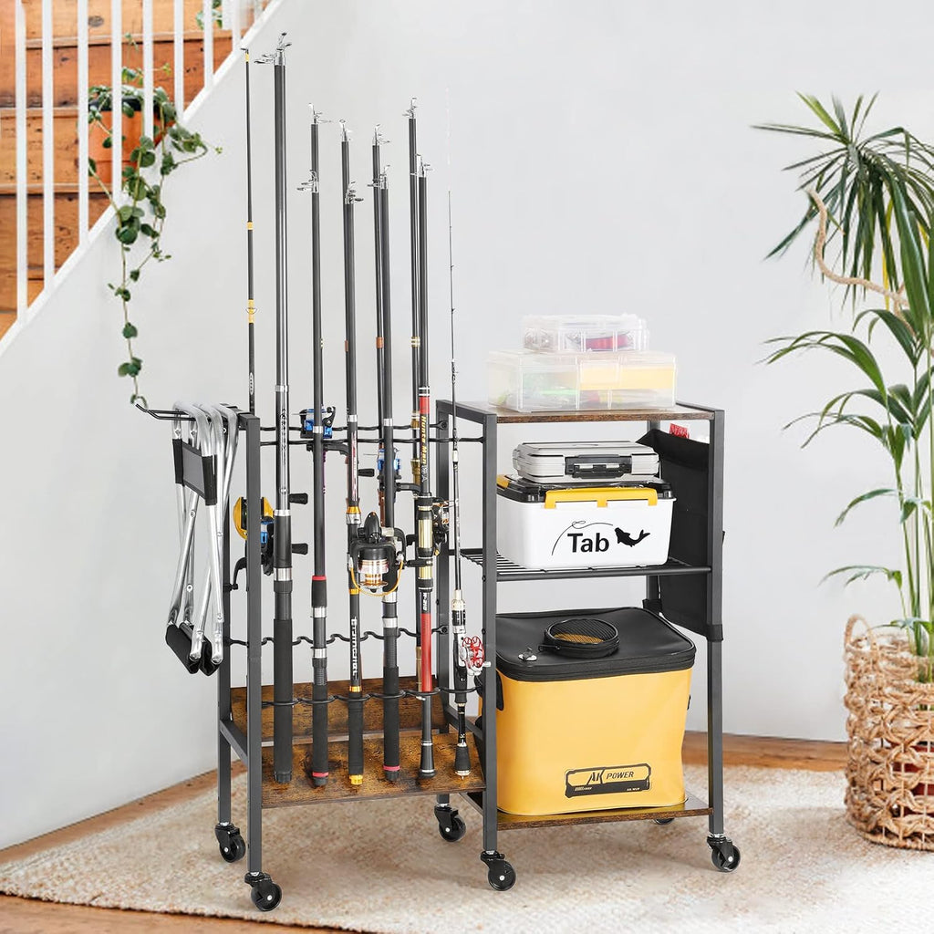 Olakee Fishing Rod Holders, Rolling Fishing Rod Rack for Garage & Boat, Tackle Box & Reel Holder Cart, Easy Assembly Fishing Gear Management System, Ideal Birthday Gift for Men Dad Anglers