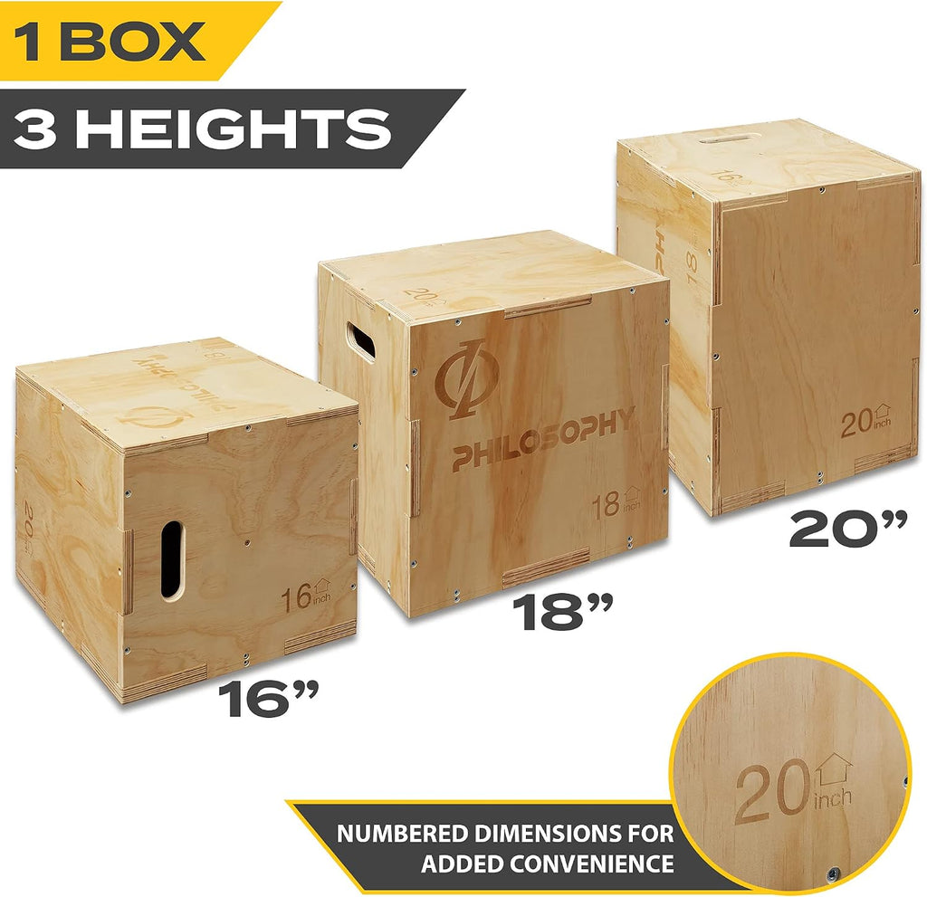 Philosophy Gym 3-in-1 Wooden Plyo Box, Wood Plyometric Jump Box Platform for Home Gym, HIIT, Jumps, Step-Ups, and Strength Training