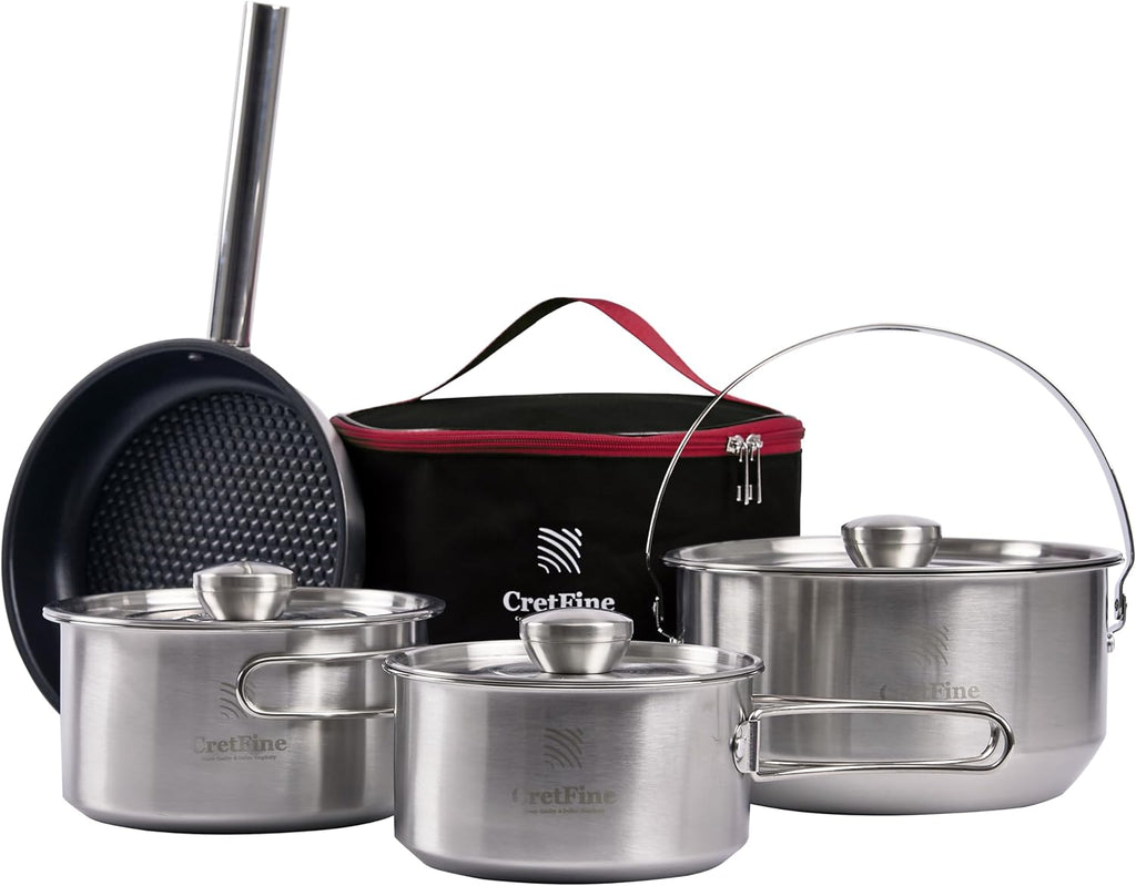 CompactKit Camping Cookware Set Stainless Steel Pots and Pan with Detachable Handle and Oxford Cloth Bag, for 4-8 Mess Kit with Utensils for Camp Kitchen, Picnic, BBQ, Traveling, Emergency