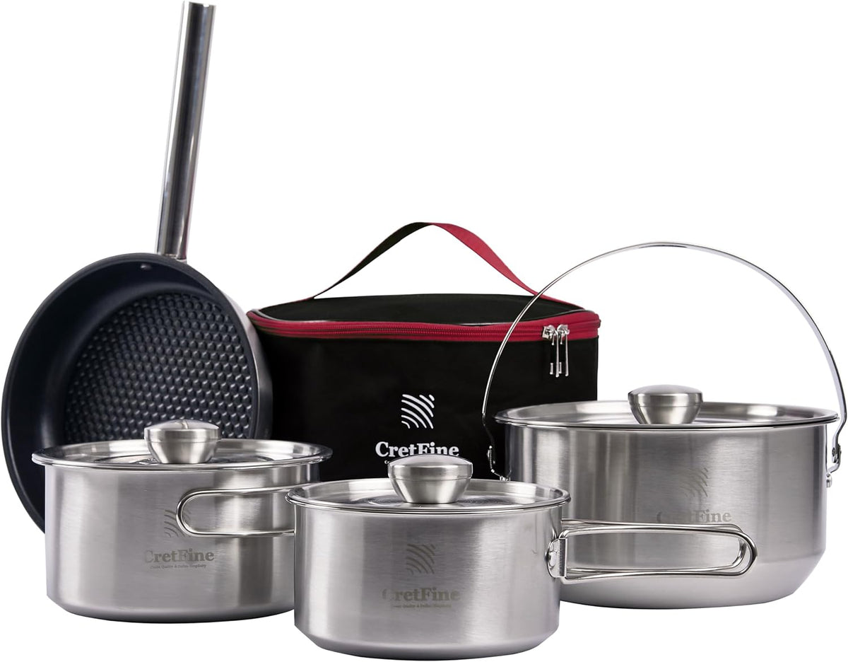 CompactKit Camping Cookware Set Stainless Steel Pots and Pan with Detachable Handle and Oxford Cloth Bag, for 4-8 Mess Kit with Utensils for Camp Kitchen, Picnic, BBQ, Traveling, Emergency