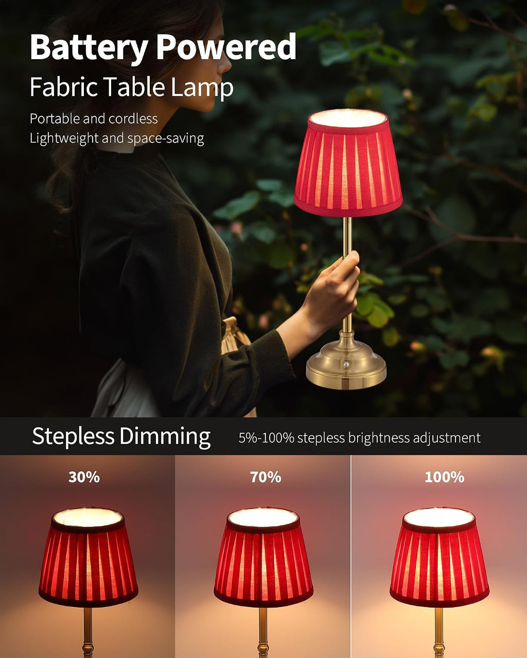 KDG Gold Cordless LED Table Lamps Set of 2, Red Fabric Shade Desk Lamps