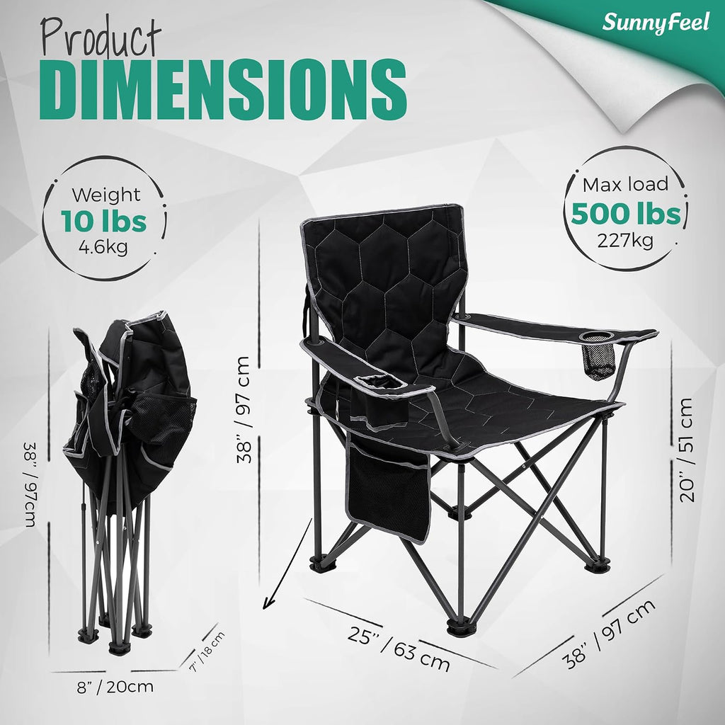 SUNNYFEEL Camping Chairs for Adults, Padded Oversized Camping Chair Heavy Duty 500LBS, Portable Lawn Chair with Cup Holder, Side Pocket&Bag for Outdoor Camping/Beach/Picnic/Fishing, Black
