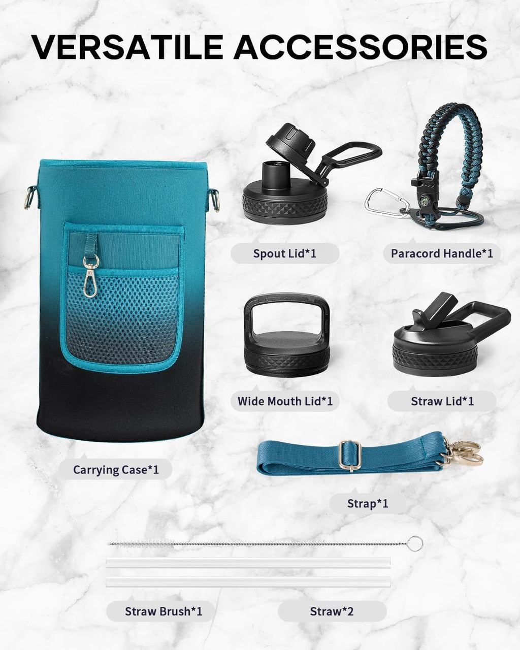 Trebo One Gallon Water Bottle Insulated with 3 Lids, Paracord Handle & Bag