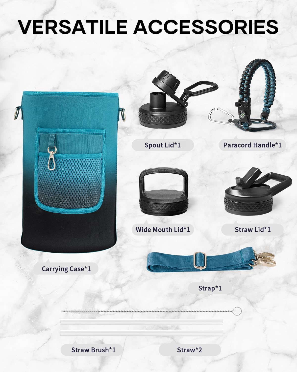 Trebo One Gallon Water Bottle Insulated with 3 Lids, Paracord Handle & Bag