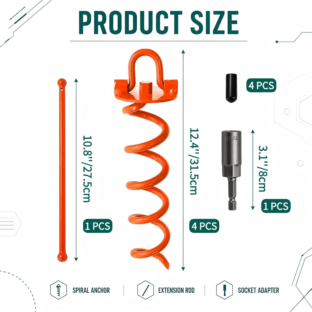 4 Pack Heavy Duty Spiral Ground Anchors with Drill Adapter, 12.4" Screw-in Metal Earth Stakes for Trampolines, Dog Tie Out, Sheds and Tents, Orange