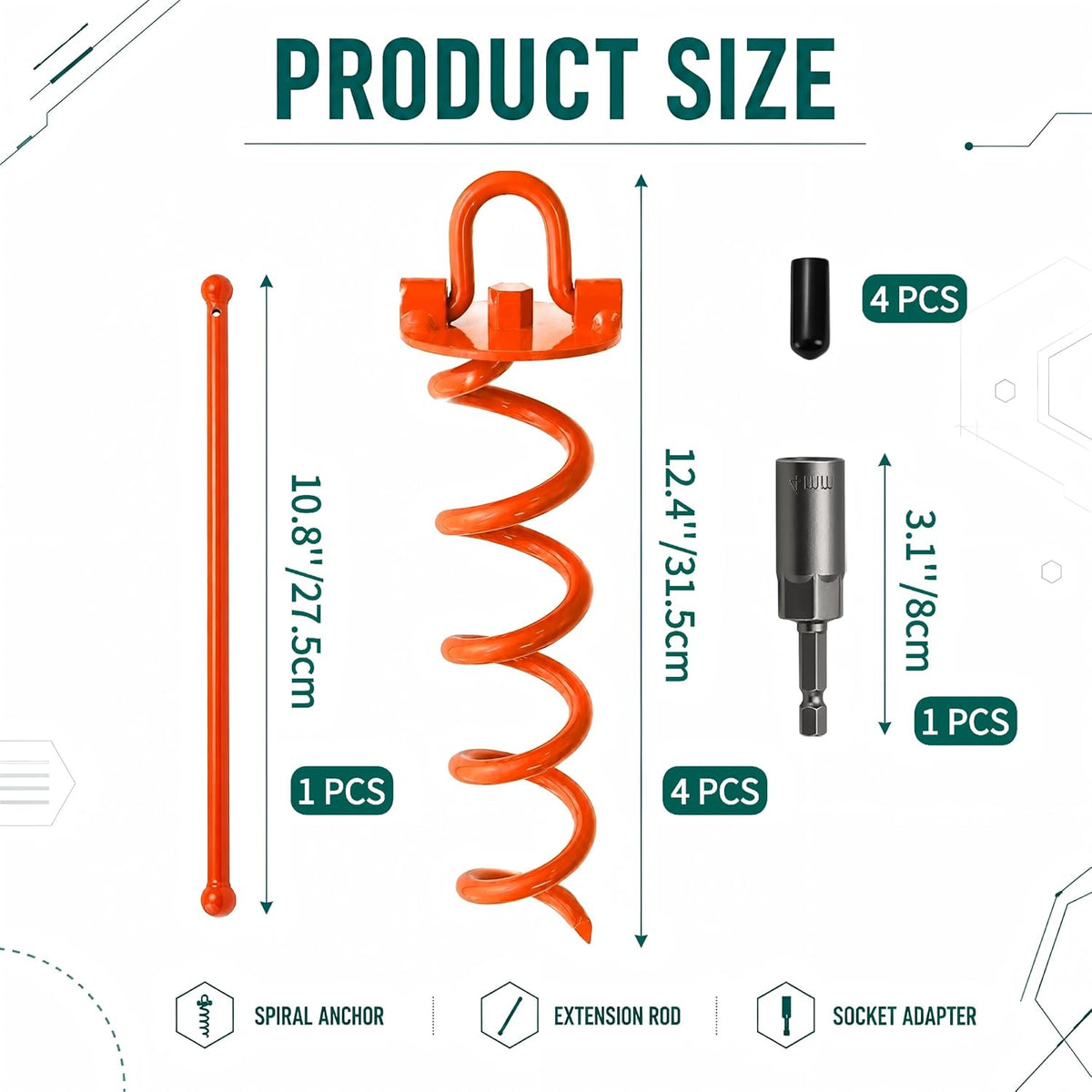 4 Pack Heavy Duty Spiral Ground Anchors with Drill Adapter, 12.4" Screw-in Metal Earth Stakes for Trampolines, Dog Tie Out, Sheds and Tents, Orange