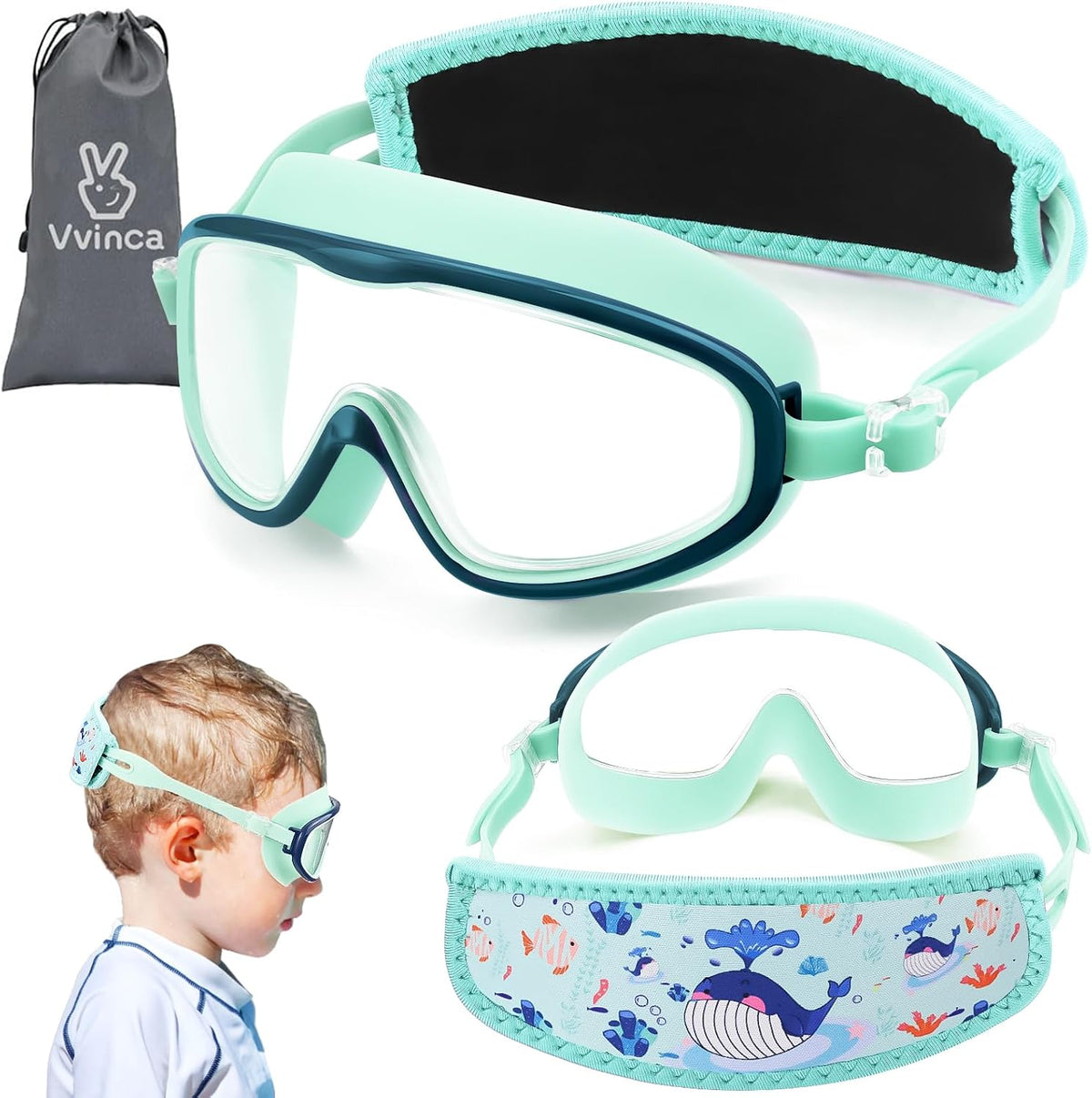 Vvinca Kids Swim Goggles 2-8，Toddler goggles with Fabric Strap No Tangle