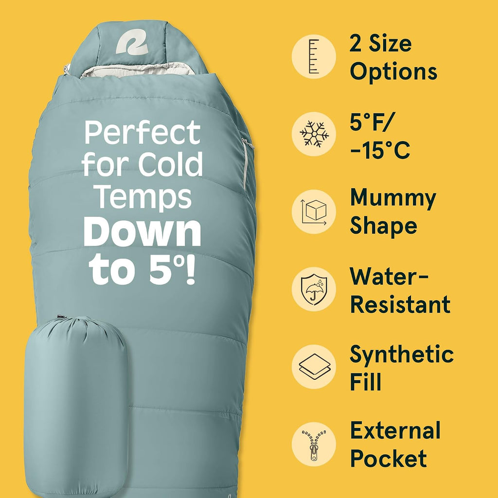Retrospec Dream Mummy Sleeping Bag - 5, 15, & 30°F Cold Weather Camping & Travel Essential Gear with Water - Resistant Shell & Synthetic Fill - Zippered Pocket & Stuff Sack