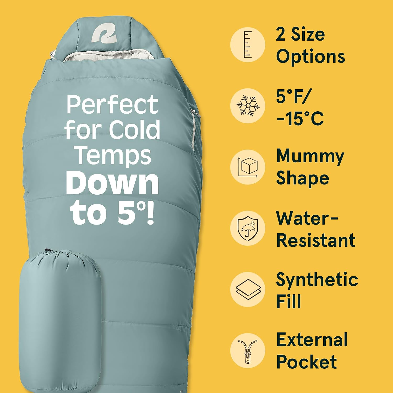 Retrospec Dream Mummy Sleeping Bag - 5, 15, & 30°F Cold Weather Camping & Travel Essential Gear with Water - Resistant Shell & Synthetic Fill - Zippered Pocket & Stuff Sack