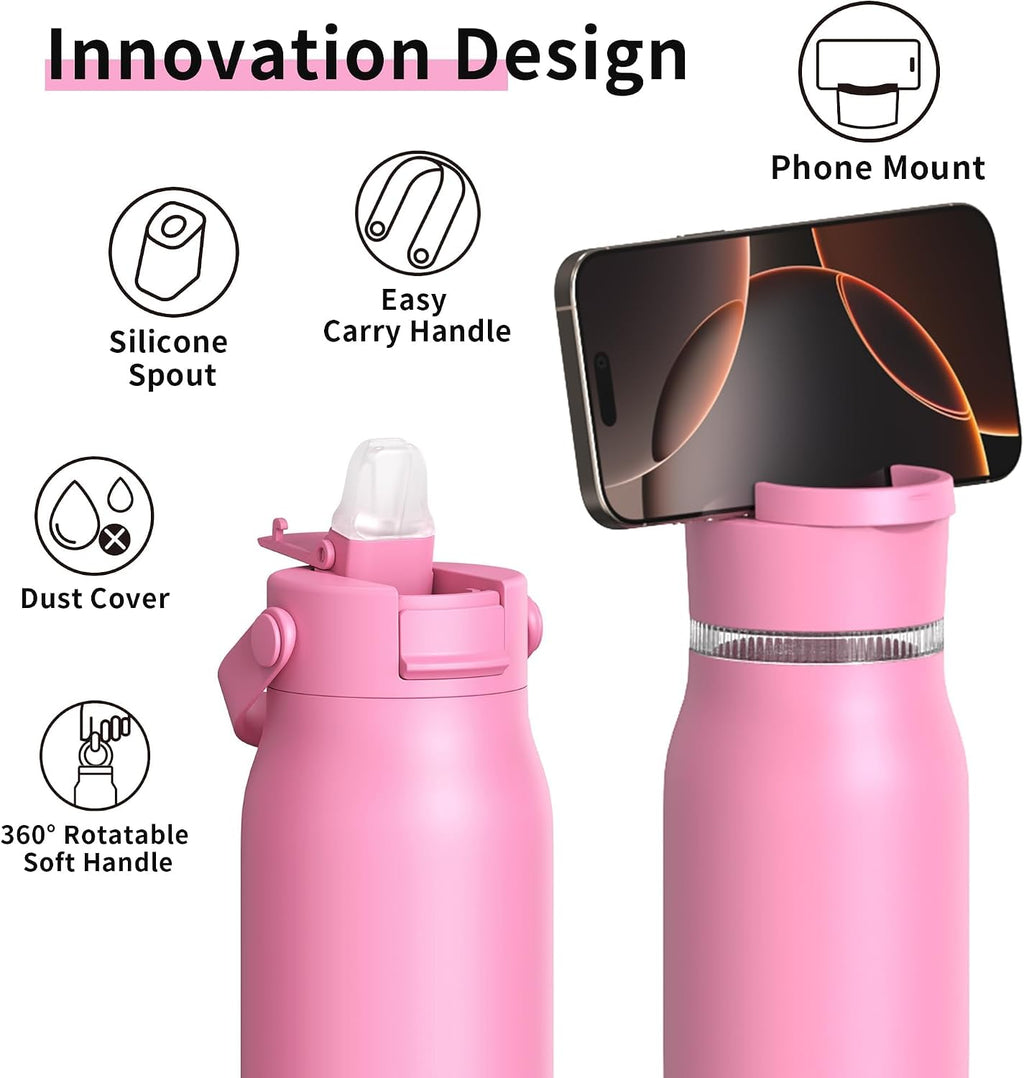 LISI 30oz Insulated Water Bottle, Double Wall Stainless Steel Water Bottles with Straw, 100% Leak-Proof Travel Thermal Canteen Mug with 2 Lids (Straw, Phone Holder Lid)