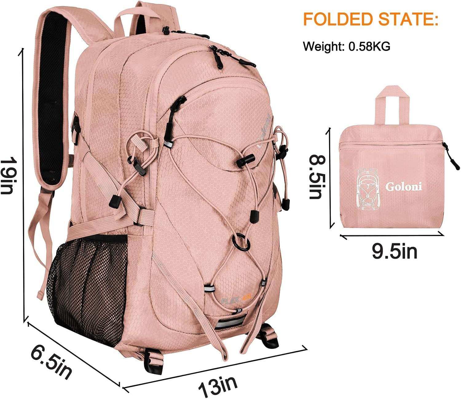 Goloni 45L Hiking Backpack Lightweight Foldable, Waterproof Camping Backpack with Rain Cover & Hiking Pole Mat Carrying System, Ergonomic Water Resistant Daypack for Trekking Travel Men Women Pink