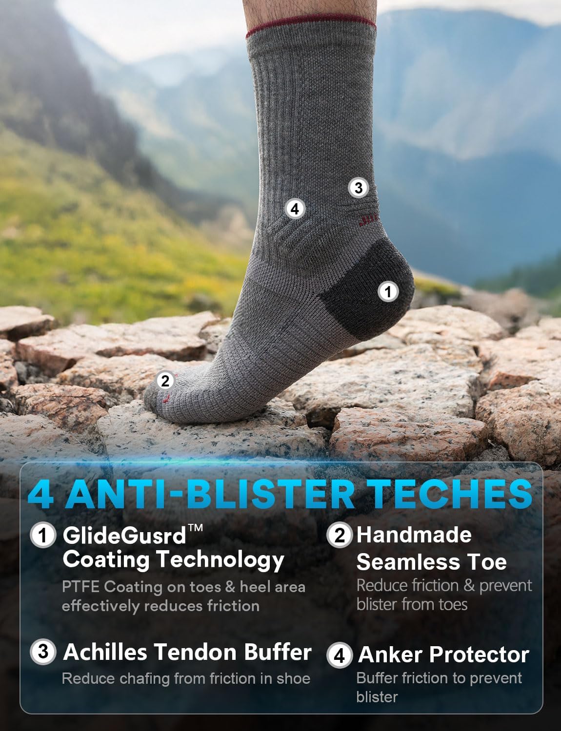 Juclise Mens Merino Wool Hiking Socks Micro Crew Compression Moisture Wicking Anti-Blister Cushioned Midweight (US, Alpha, Small, Regular, Regular, Charcoal*1 + Onyx*2)