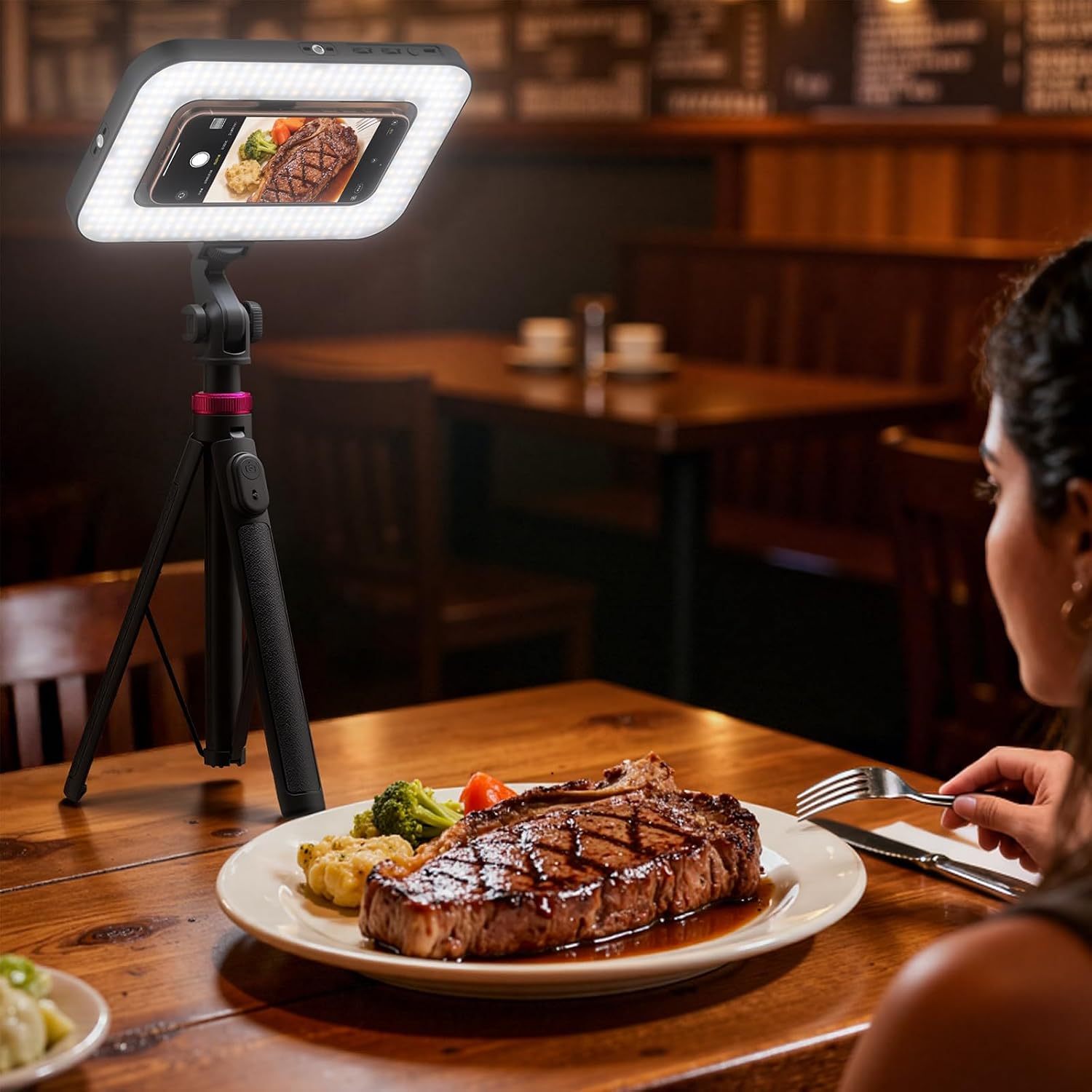 Tripod for iPhone with Light, Portable 15W Ring Light with Stand and Phone Holder for Video Recording, 6000mAh Magnetic Phone Tripod with Light 2500K-9000K for Food Hunt,Mukbang Video,Vlogging,CRI＞95