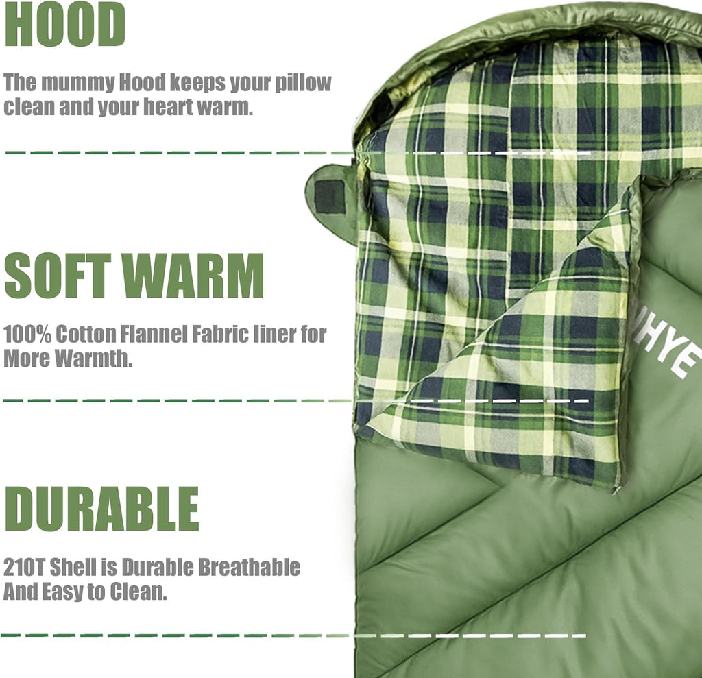 ShinHye 0 Degree Sleeping Bag for Adults - Cotton Flannel 4 Season Cold Weather Winter, XXL Big and Tall Camping Sleeping Bag with Compression Sack
