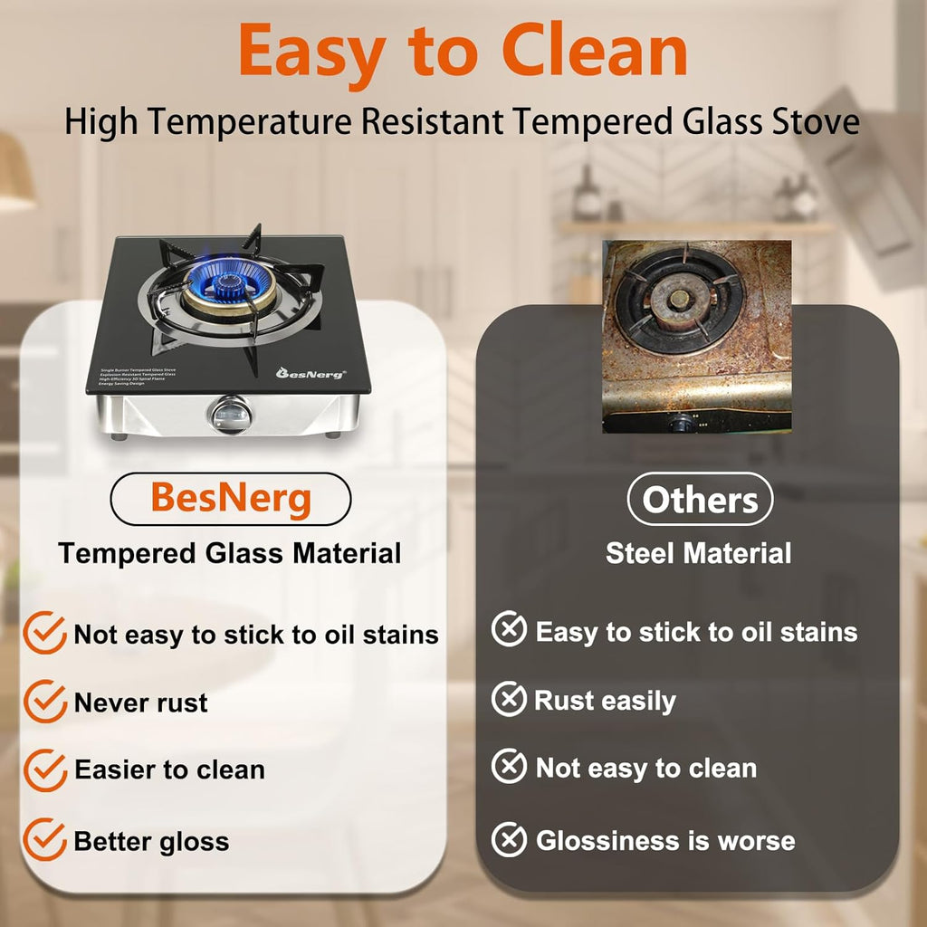 1 Burner Propane Gas Stove with Auto Ignition, 14500 BTU High-Efficiency Heavy-Duty Tempered Glass Cooktop, CSA Regulator & Hose Included, for Outdoor Camping Emergency