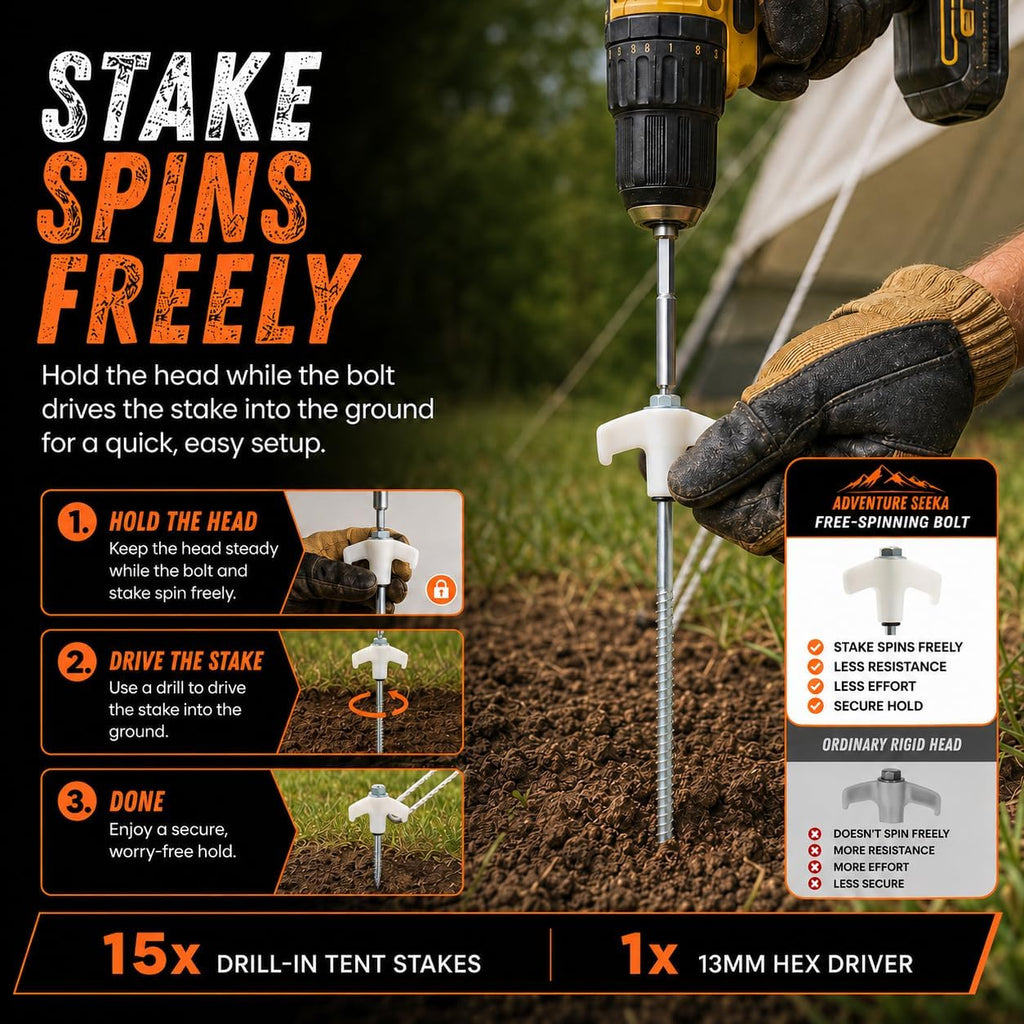 15-Pack 8" Heavy Duty Screw in Tent Stakes, Drill-In Ground Anchor Pegs, Includes Hex Head Driver & Storage Bag