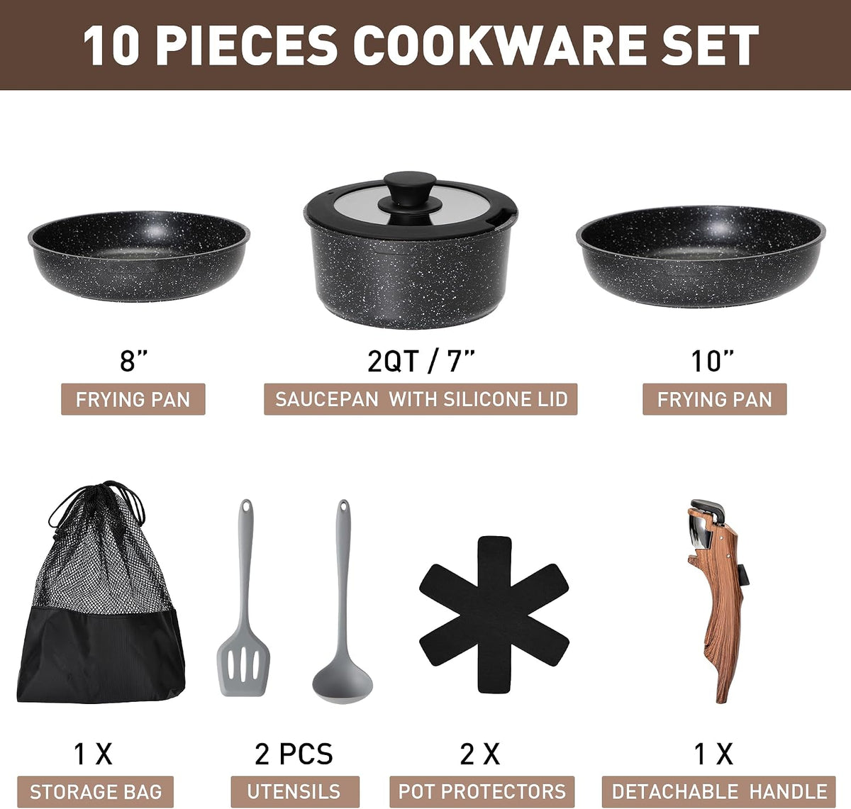 MAISON ARTS 10 Pcs Detachable Handle Induction Pots and Pans Set Non Stick