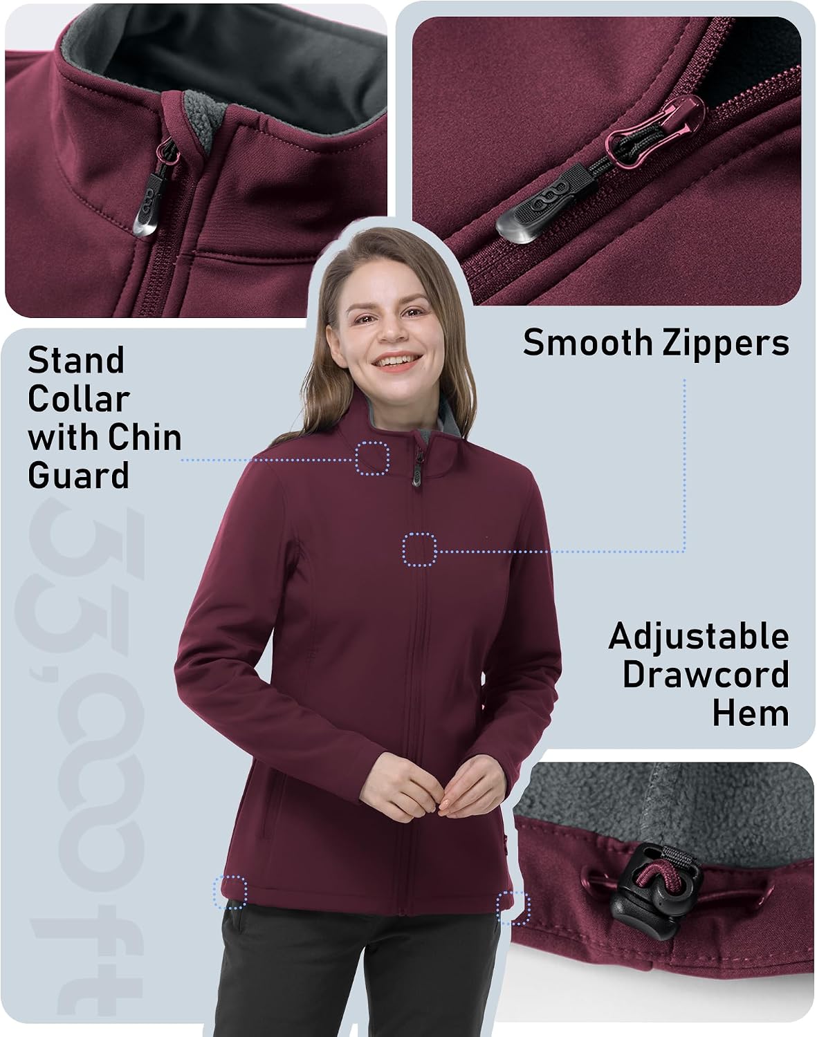33,000ft Women's Waterproof Softshell Jacket Lightweight Fleece Lined Coat