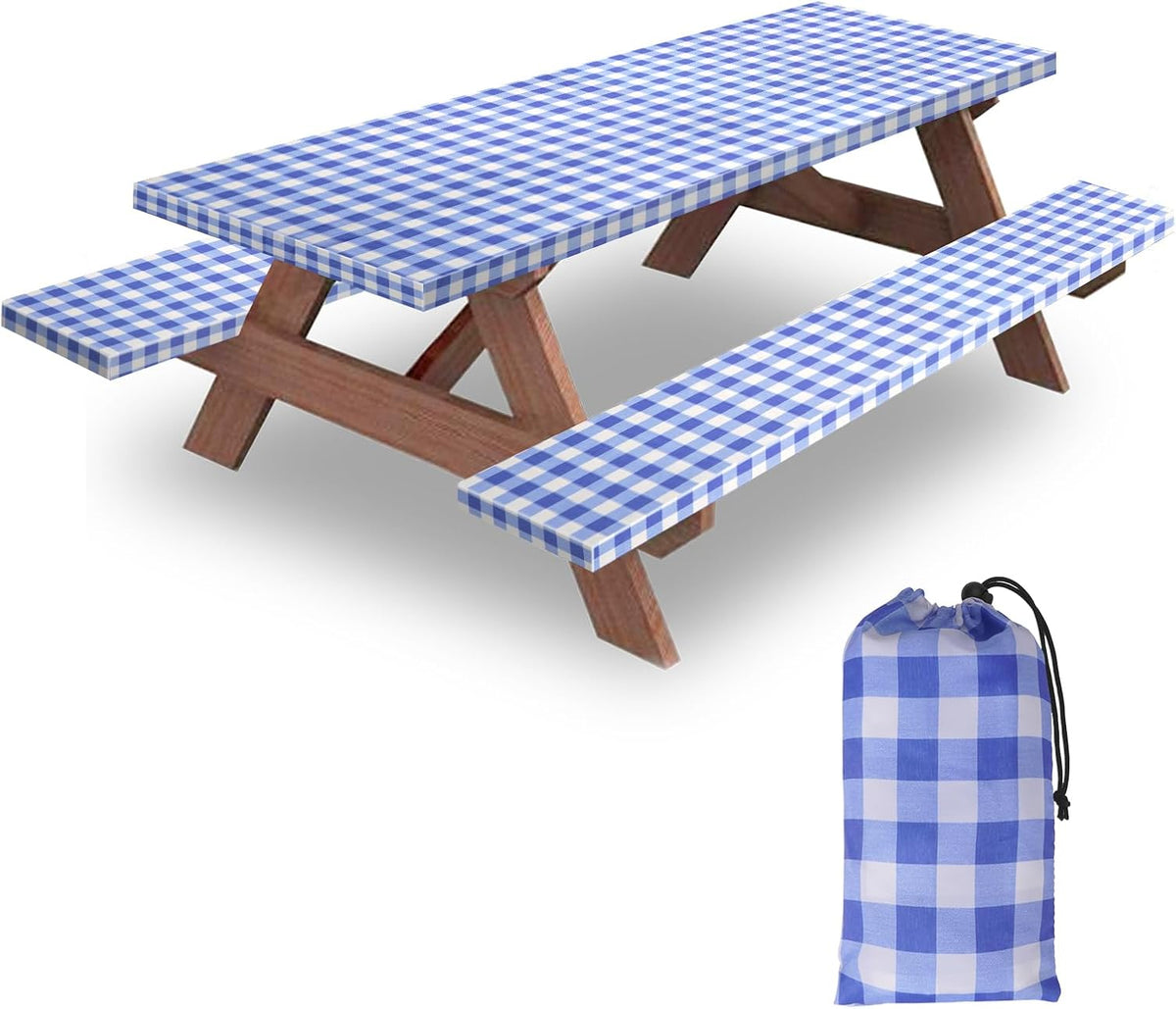 6ft 72in Picnic Table and Bench Cover, 3 Pack, Blue-White Checkered