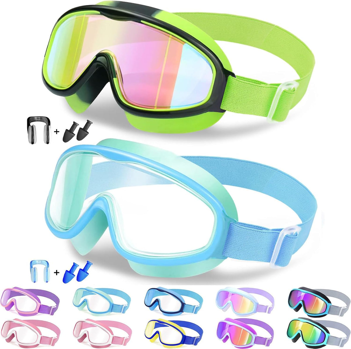 2 Pack Kids Swim Goggles for 3-14, Fabric Strap Wide View Anti Fog& UV