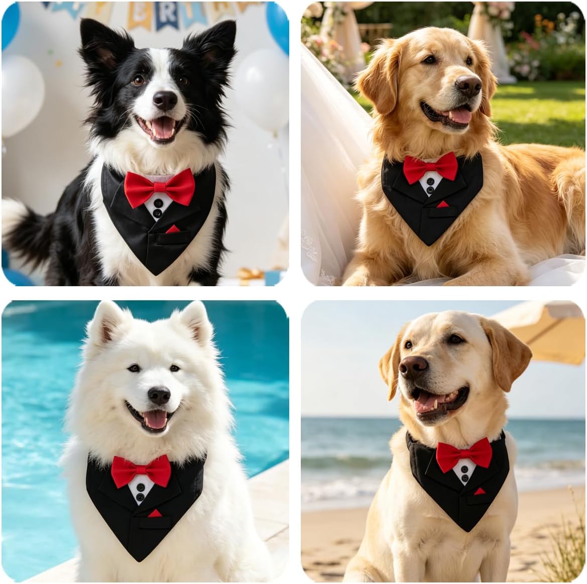 Popular Pet Party Suit Tuxedo Collar, Black Triangle Scarf with Red Bowtie, Handsome Dog Wedding Engagement Bow Tie Bandana (L)