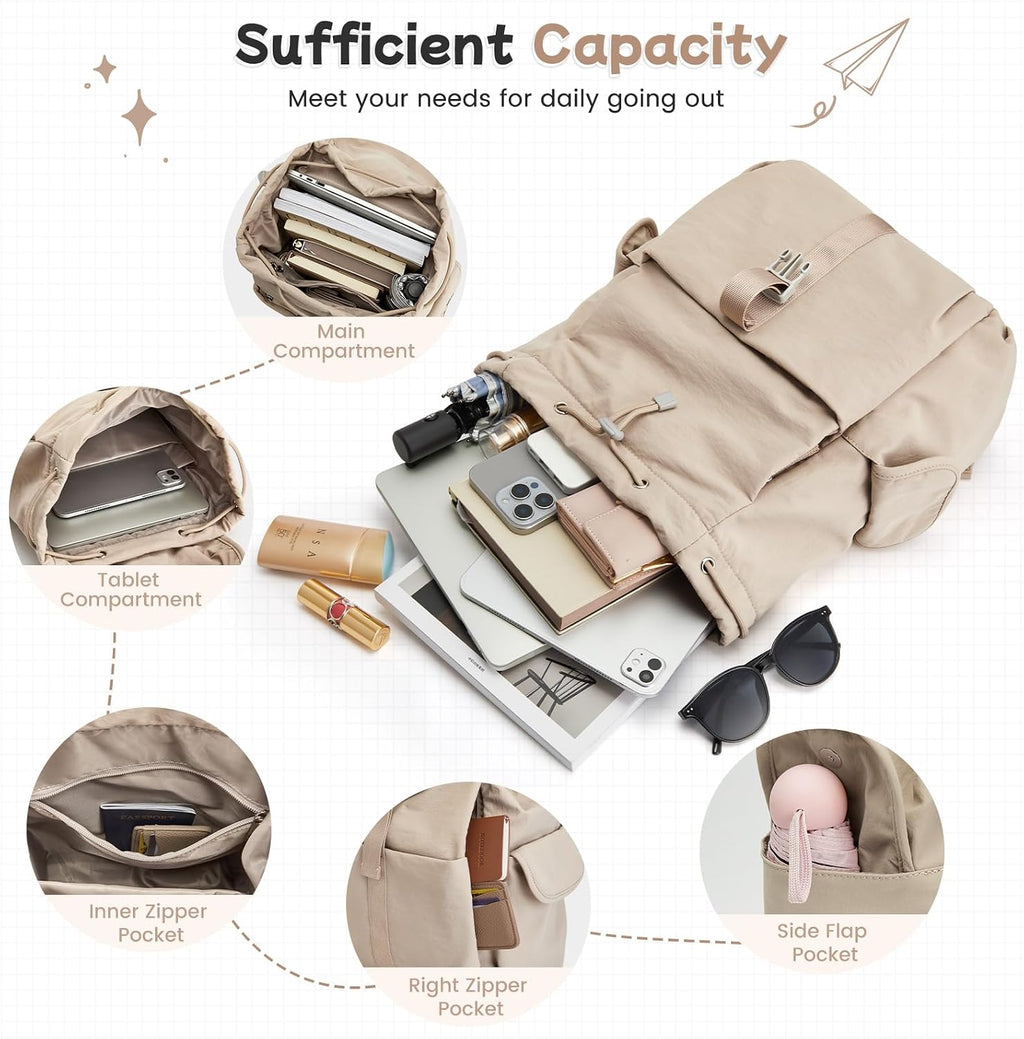 G4Free Small Backpack for Women, Nylon Casual Daypack for Work Travel Campus, Khaki